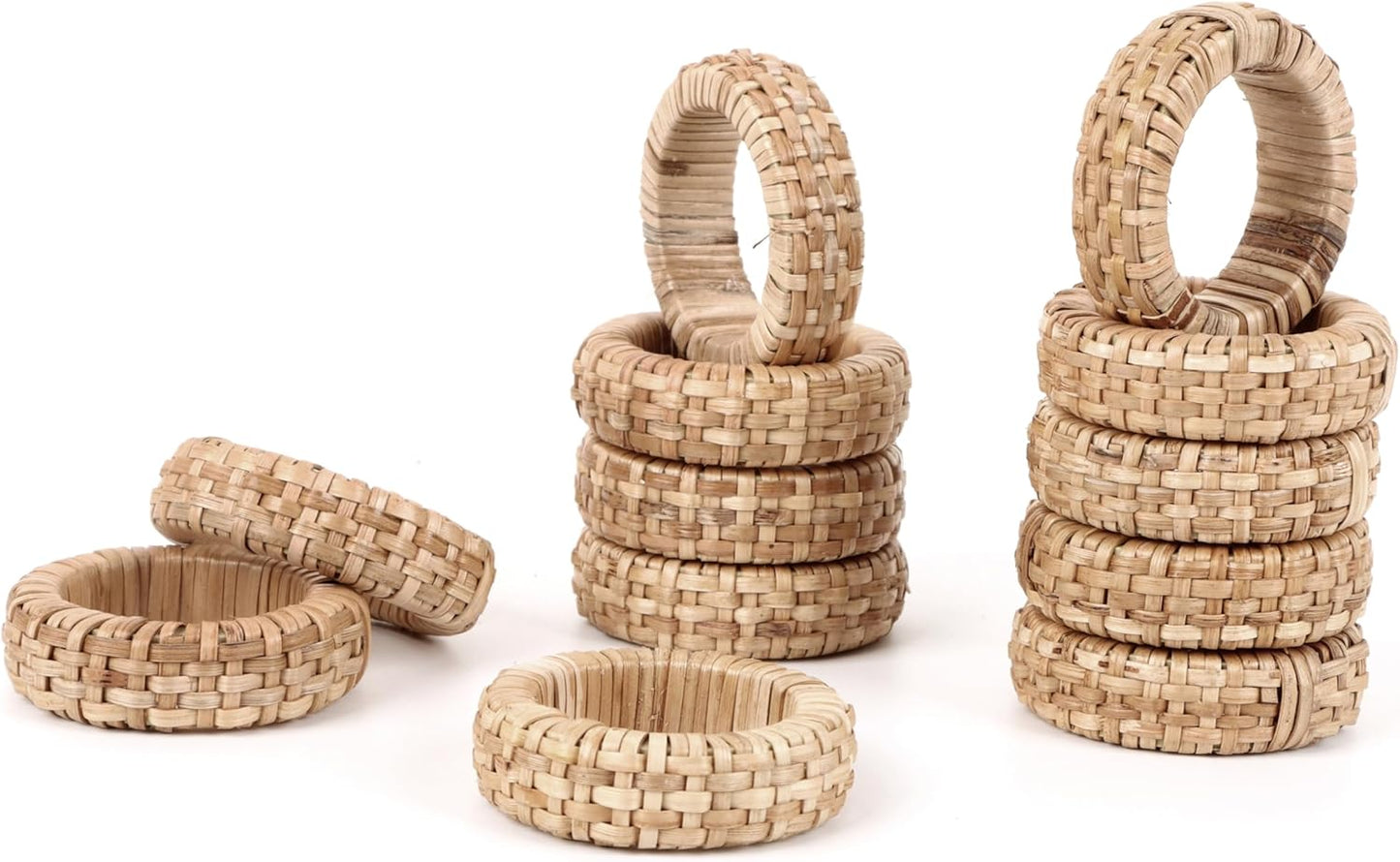 Jute Rattan Napkin Rings, Set of 12, Farmhouse Natural | 2.25x2.25x0.5 in each, plastic & natural cane blend