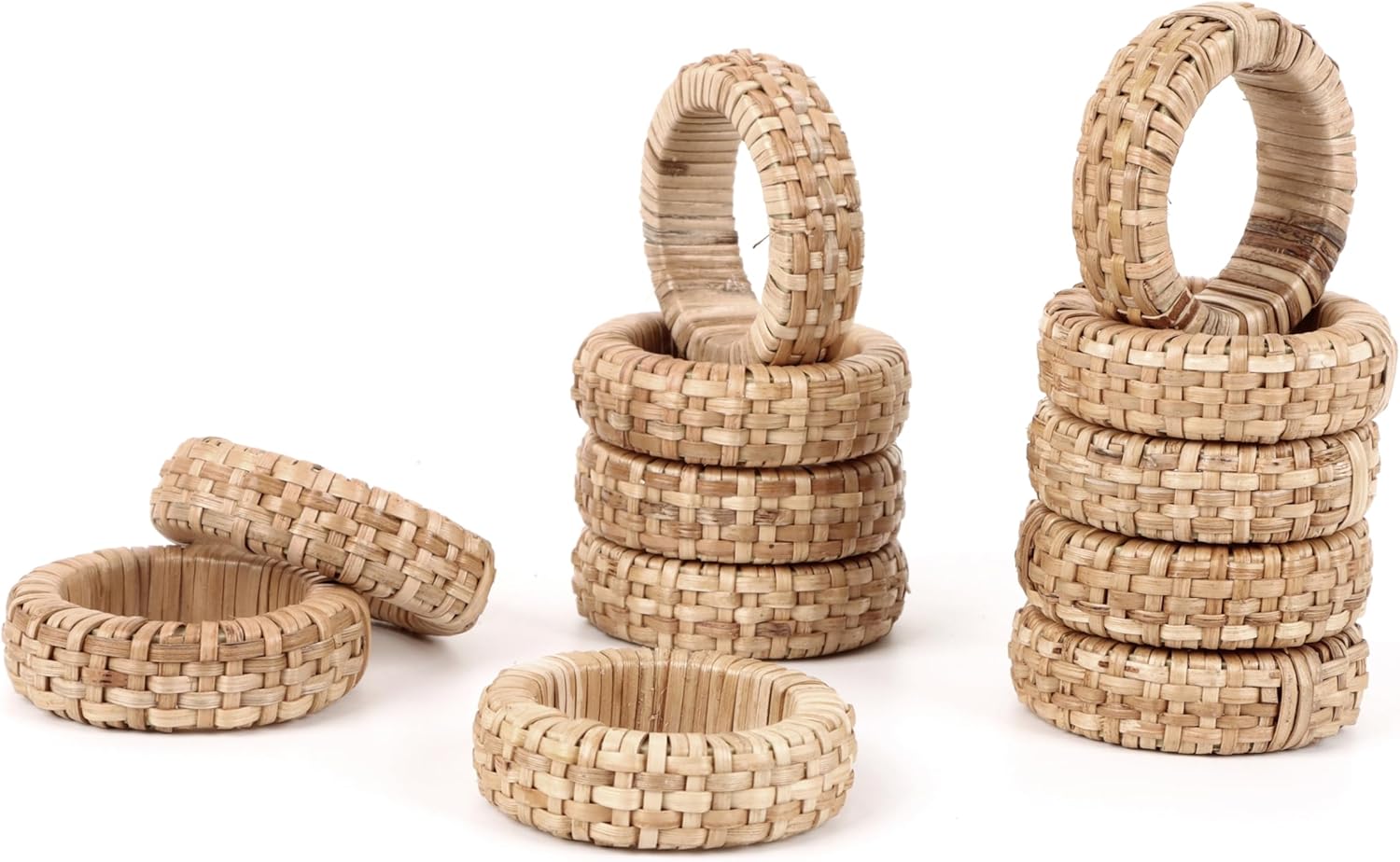 Jute Rattan Napkin Rings, Set of 12, Farmhouse Natural | 2.25x2.25x0.5 in each, plastic & natural cane blend