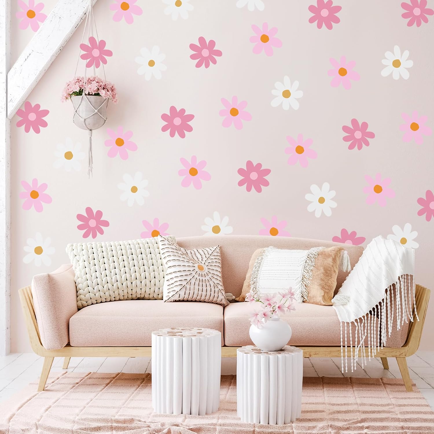 Daisy Wall Decal Flower Vinyl Wall Floral Decals Peel and Stick Daisy Stickers / Pink, White