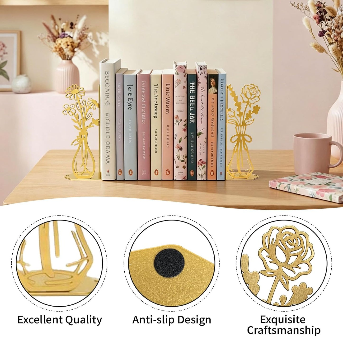 Flower Gold Bookends Metal Book Ends / Gold Flower