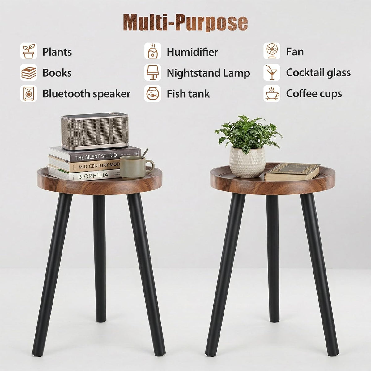 Mid Century Wood Plant Stand – 120 lbs Heavy Duty Plant Stand with Raised Tray & Spray Painted Legs, Solid Wood Side