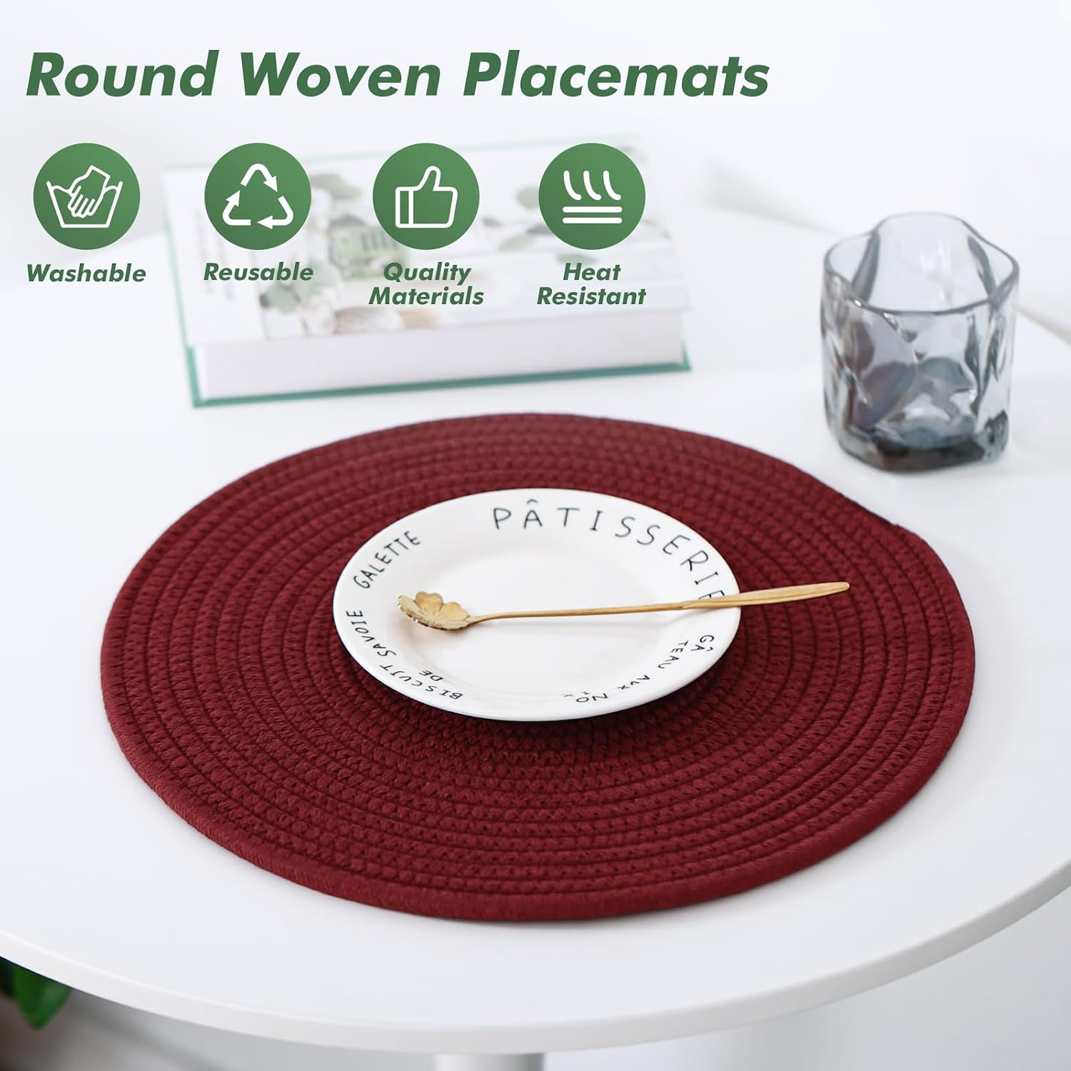Aertiavty 8 Pack Round Woven Placemats for Christmas 13.5 Inches Red Heat Resistant Placemats Farmhouse Cotton Rope