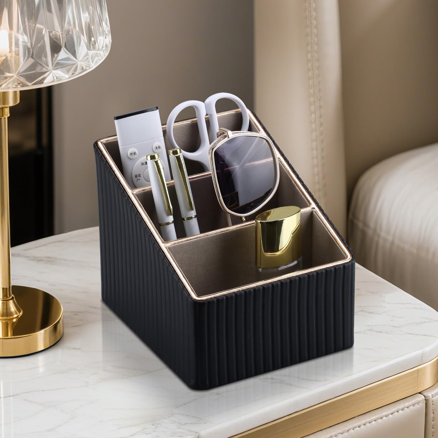 3 Slot PU Leather Remote Controller Holder / Black Striped