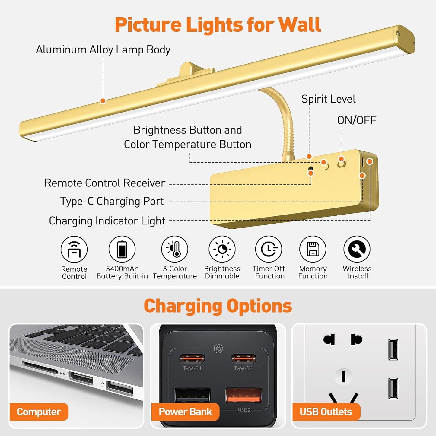 Picture Light, 15.35inch Wireless Picture Lights for Wall Rechargeable, 5400mAh Battery Wall Light with Remote, 3 Color