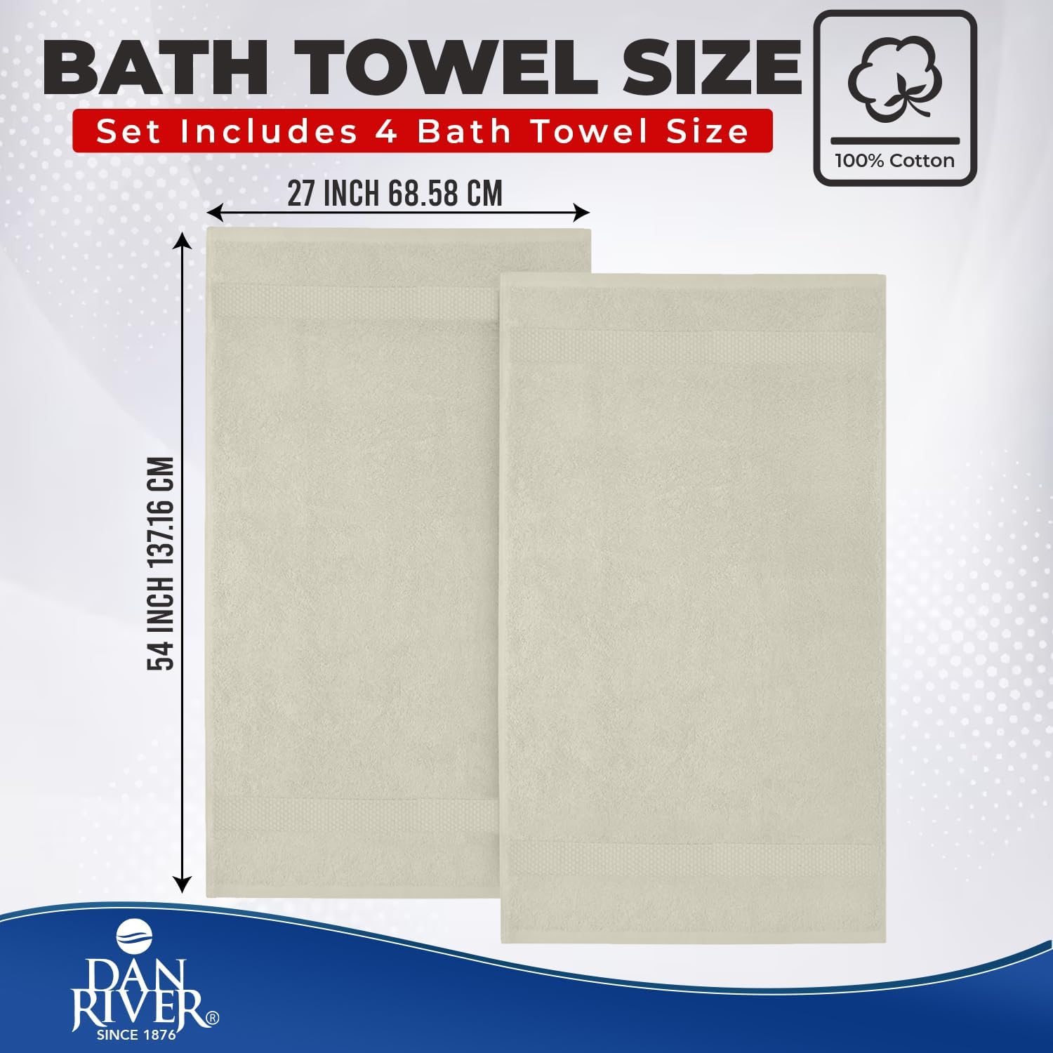 DAN RIVER 600 GSM Cotton Large Bath Towels Set of 4, 27 x 54 Inches, Ivory | Larger & Lighter Weight Towels for