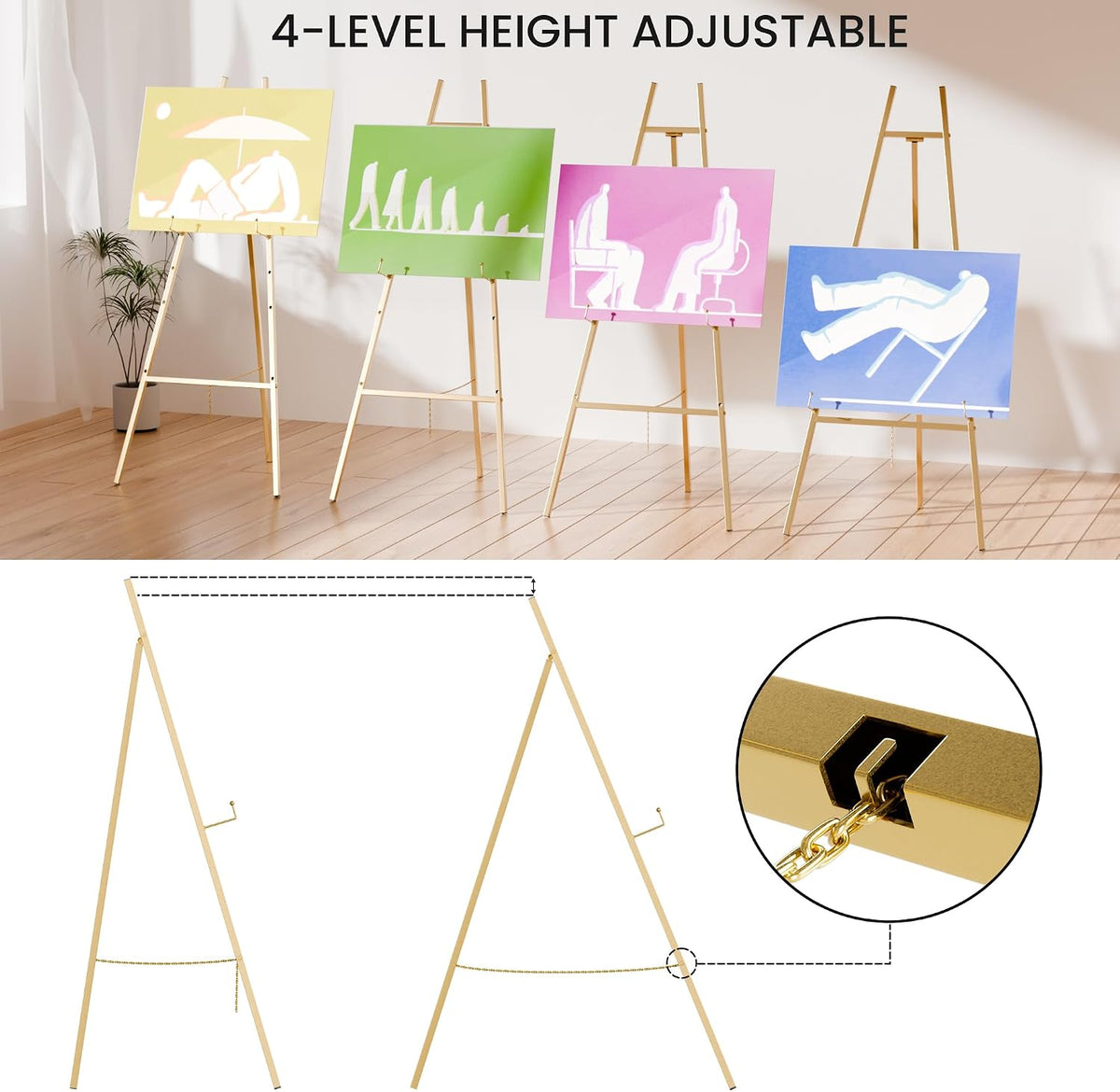 Gold Easel Stand for Sign, Wedding Sign | 4-Tier Adjustable Art Easel for Painting, Heavy Duty Easel 1pack