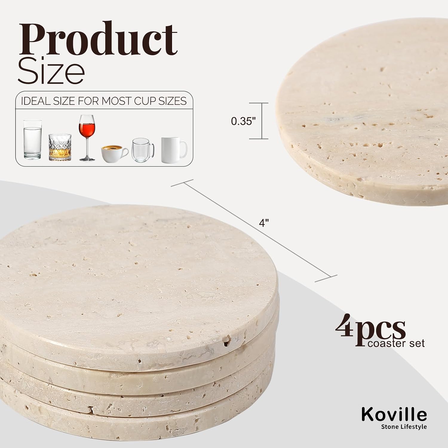 4" Round Stone Coasters Set Heat Resistant / Travertine / Set of 4