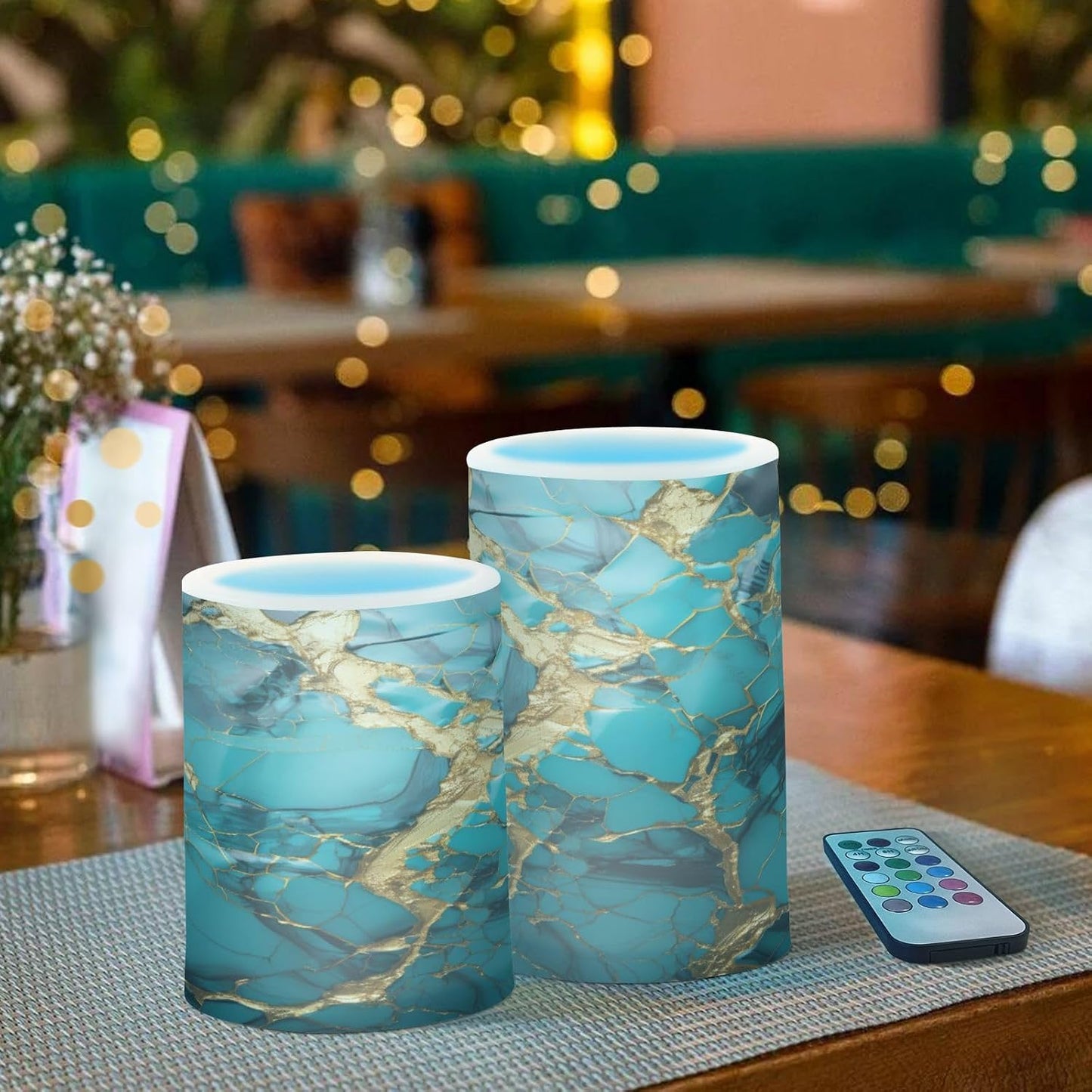 Flickering Flameless Candles, Turquoise Golden Marble LED Candles with Remote Timer, Set of 2 Battery Operated Candle