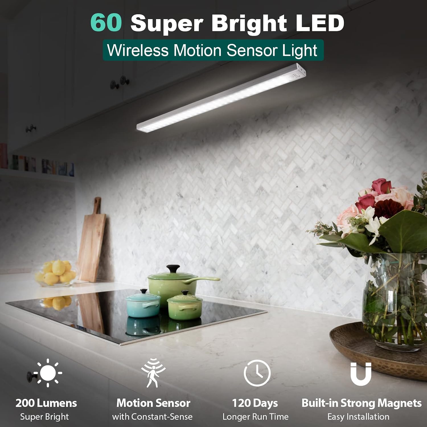 BLS 60 LED Closet Lights Battery Powered LED Lights, Super Bright Under Cabinet Lighting, Wireless Motion Sensor Light
