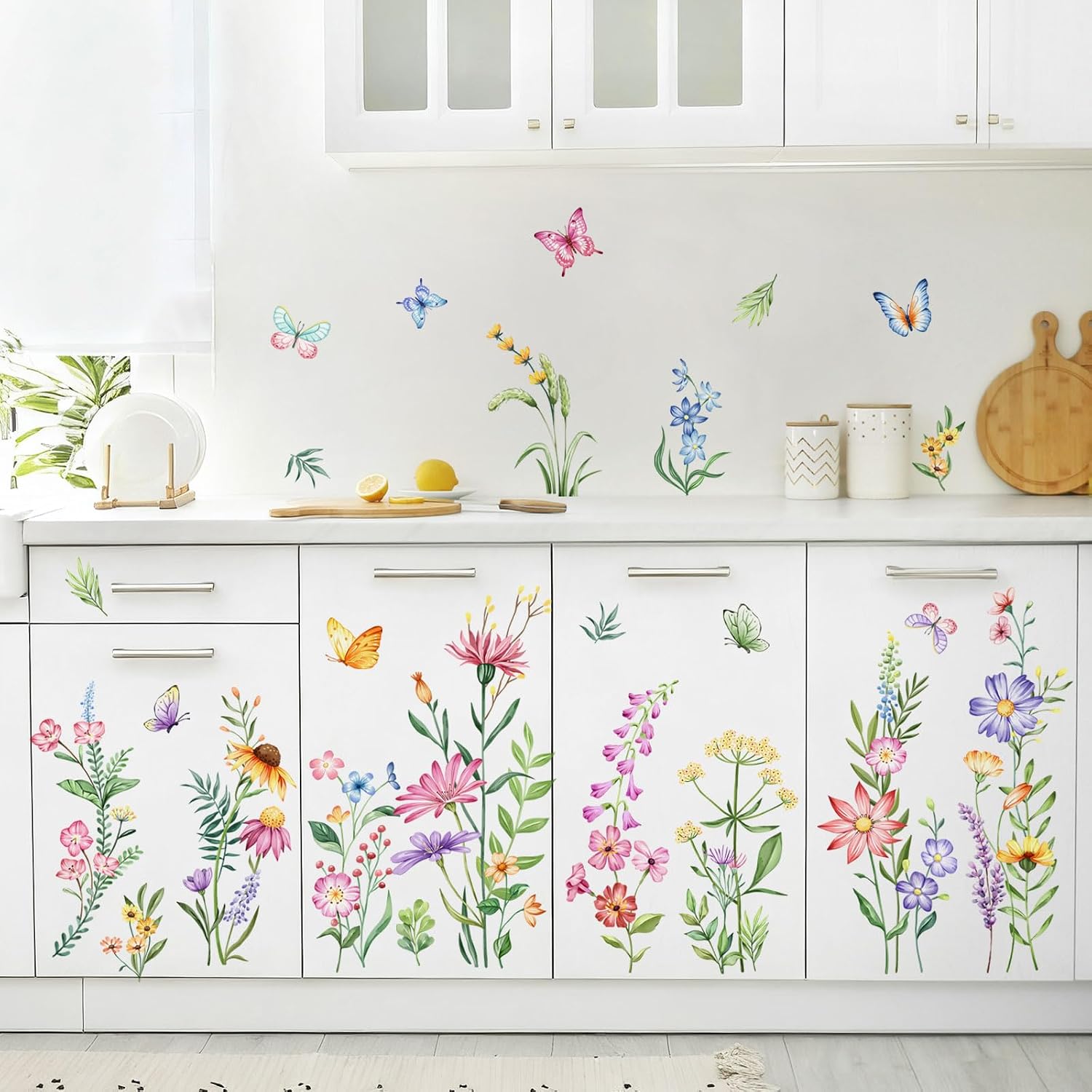Flower Wall Decals Watercolor Wildflower Grass Butterflies Wall Stickers Peel / Retro Wildflower