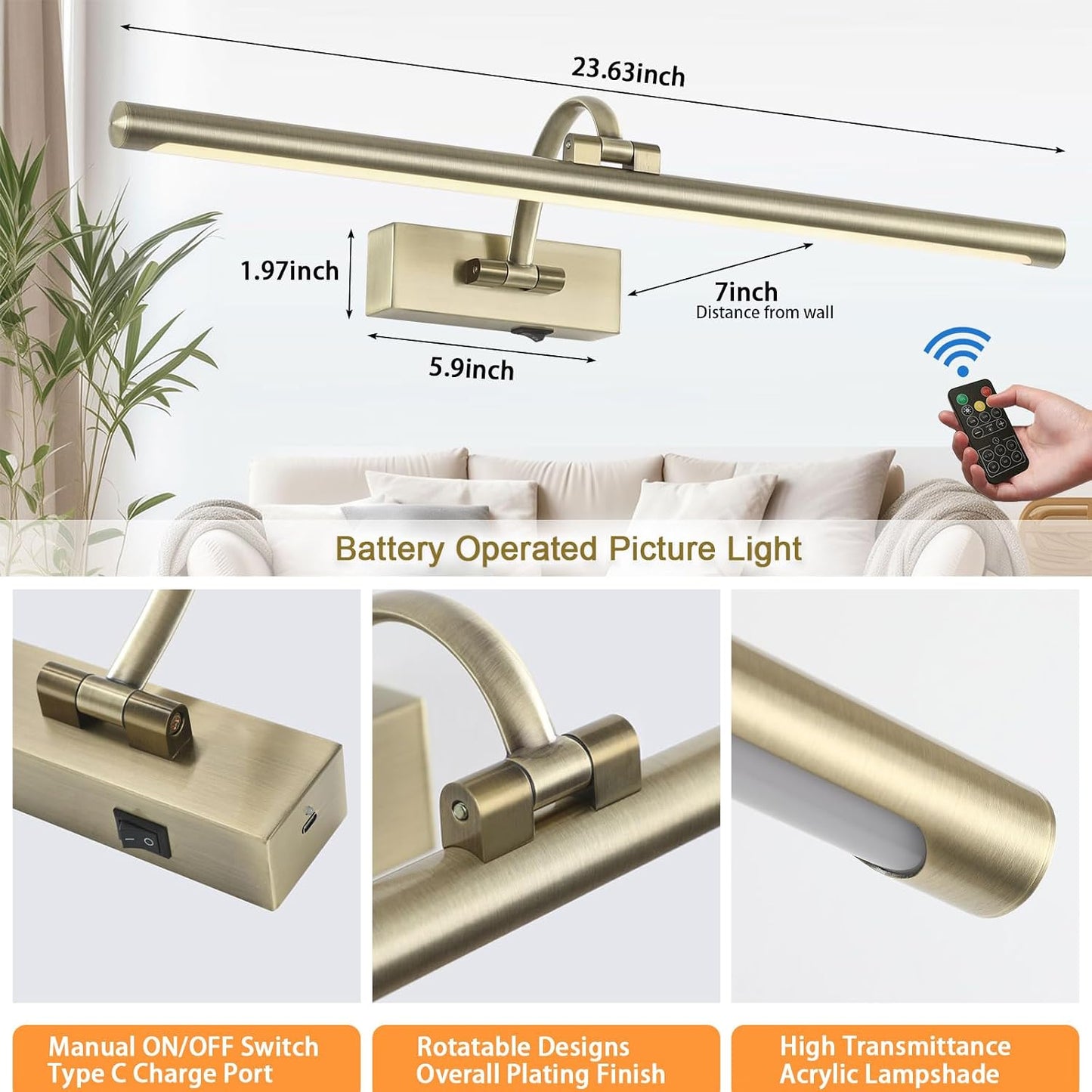 Tassuowell Antique Bronze Picture Light, 23.6 Inch Remote Control Painting Lights for Wall Cordless, 3CCT Dimmable Wall