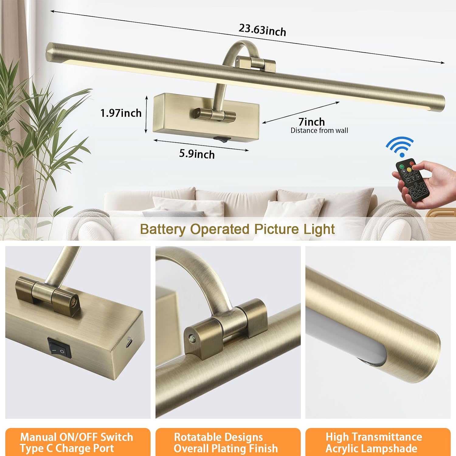 Tassuowell Antique Bronze Picture Light, 23.6 Inch Remote Control Painting Lights for Wall Cordless, 3CCT Dimmable Wall