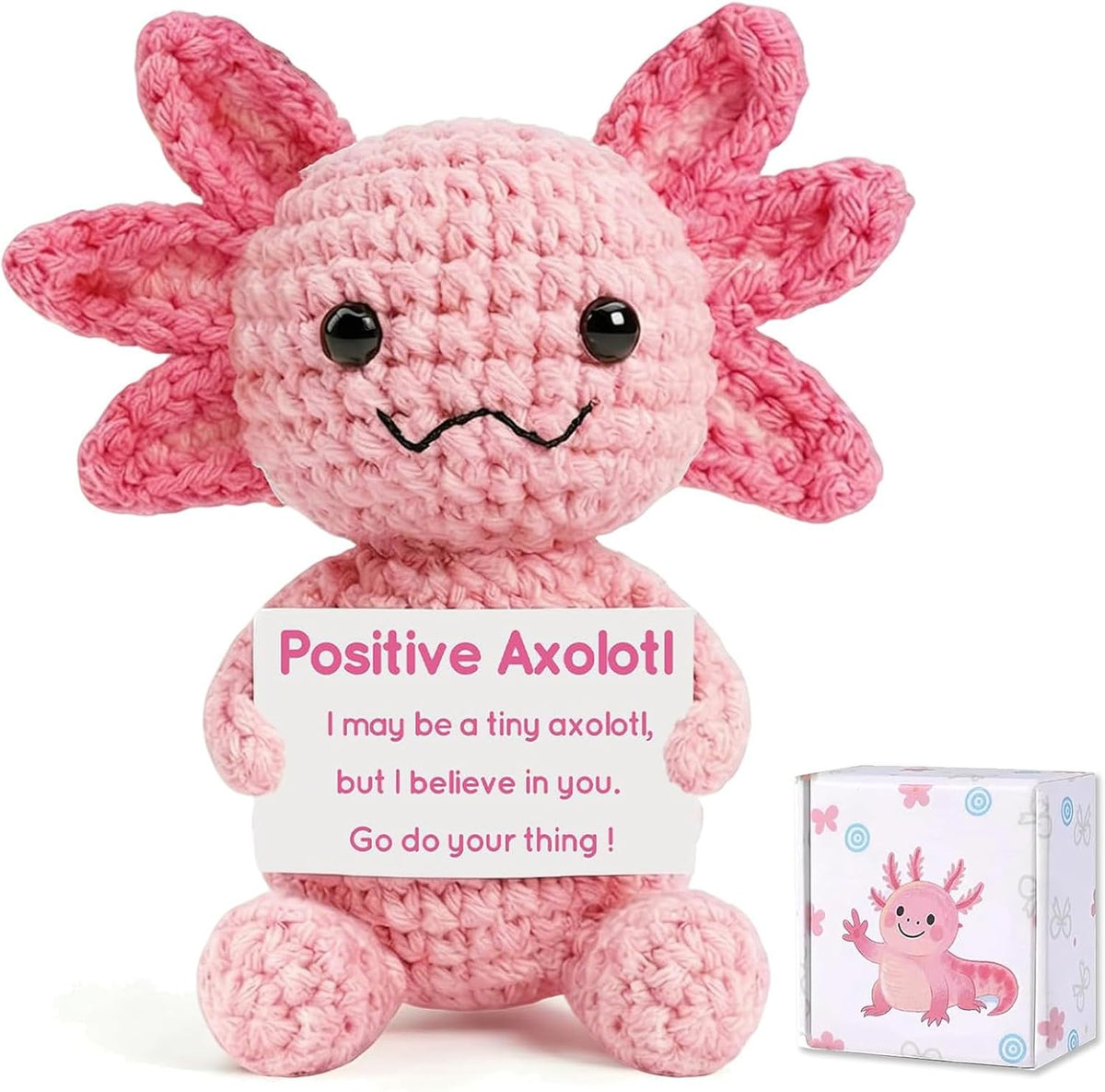 Pink Positive Crochet Axolotl Gift - Handmade Knitted Axolotl Plush with Gift Box Card for Girl, Women, Friends, Coworker, Emotional Support Crochet Animals Gifts for Birthday Graduation Desk Decor