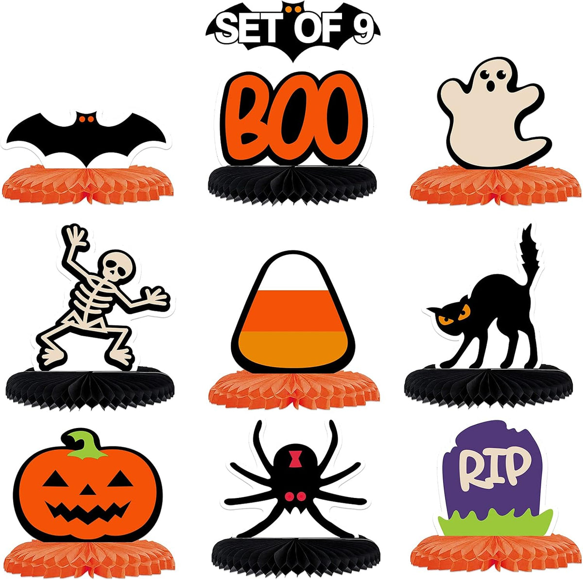 LINGTEER Happy Halloween Table Honeycomb Centerpieces - 9 pcs Funny Halloween Party Boo Ghost Table Decorations Sign.