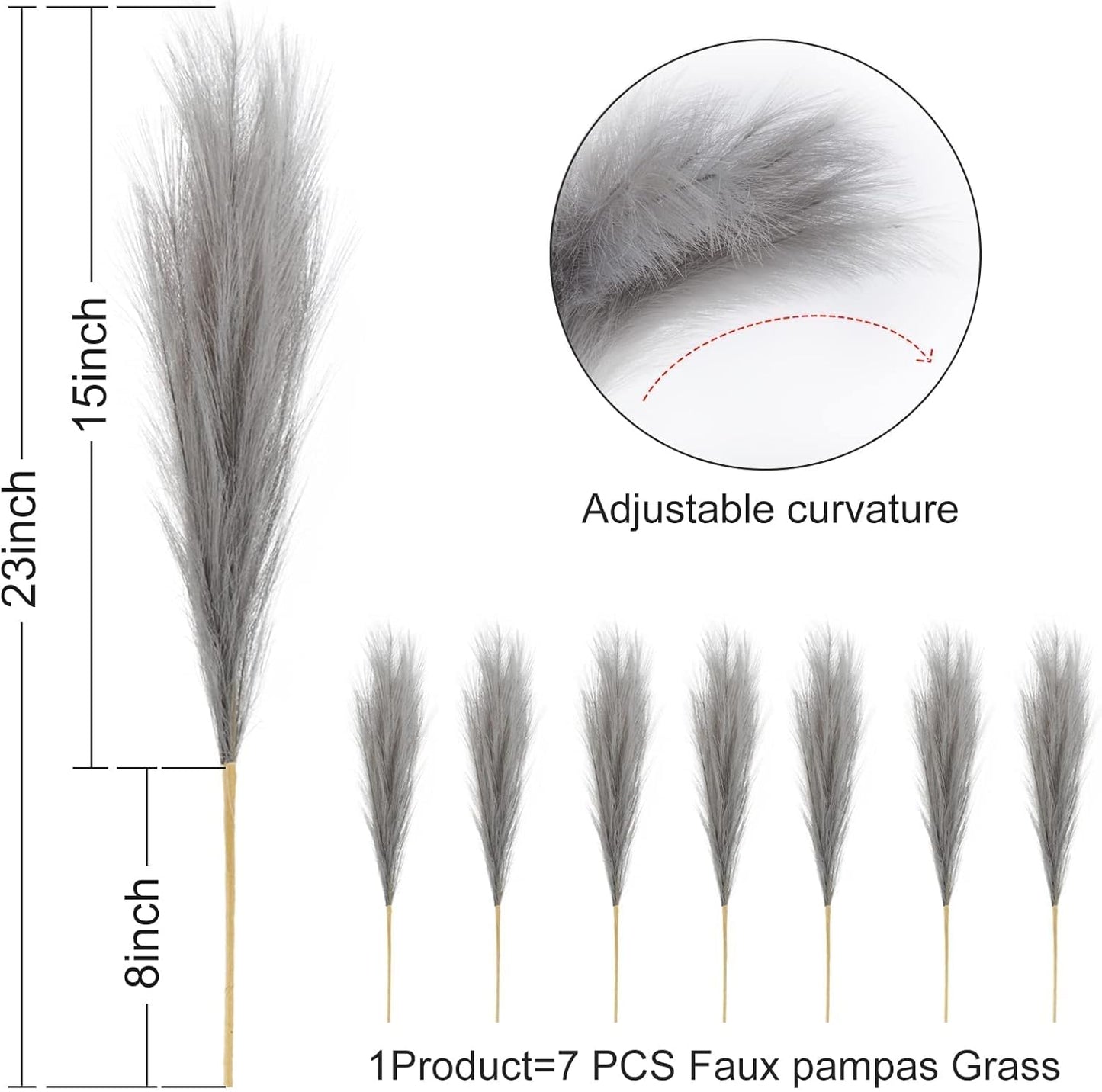7 Branches / Faux Pampas Grass / Grey / 24 Inch / Set of 7