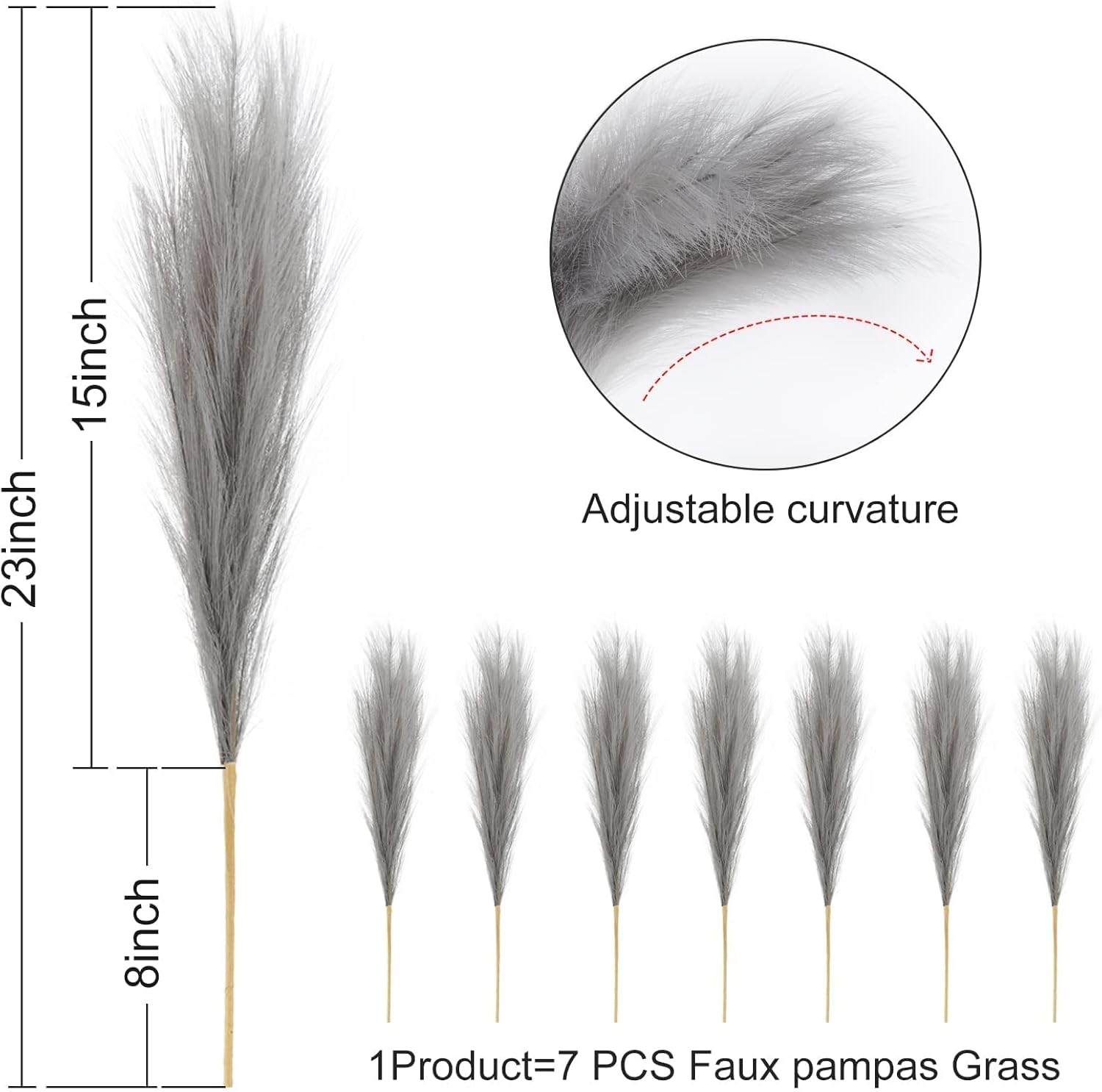 7 Branches / Faux Pampas Grass / Grey / 24 Inch / Set of 7