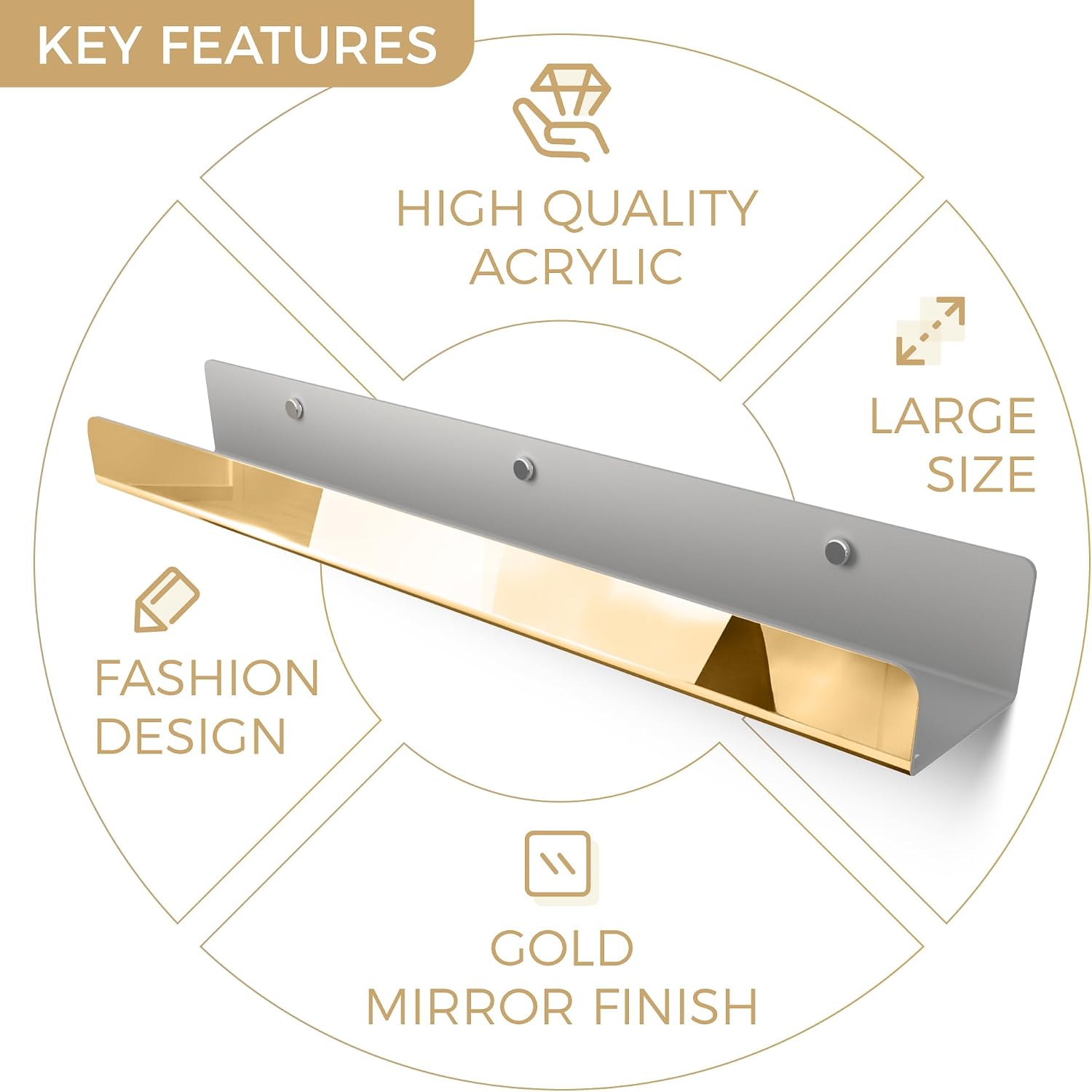 2 Packs 24 inches Gold Acrylic Shelves,Book Shelf for wall | Wall Mounted Display for Kids