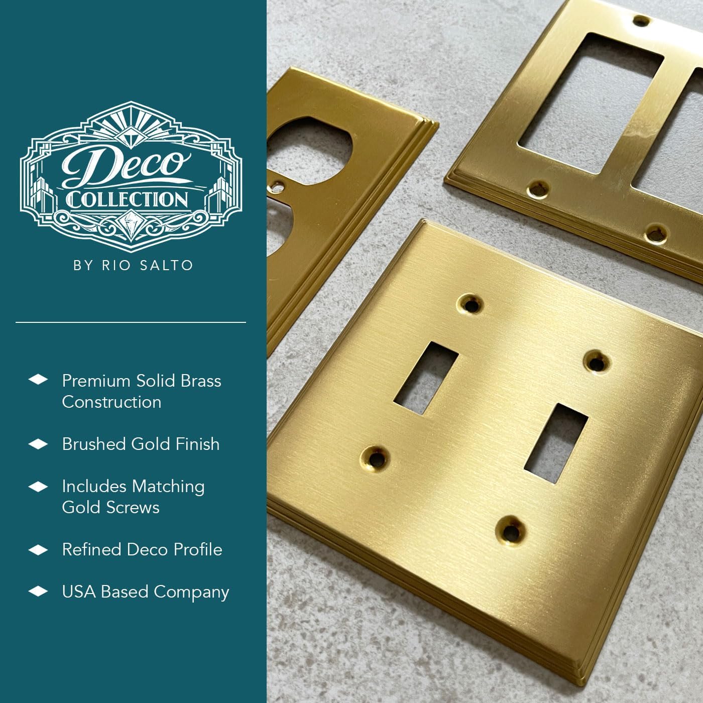 Rio Salto Decorative Double Toggle Light Switch Cover Plate BRASS Brushed Gold Metal Toggle Switch Plate Outlet Covers
