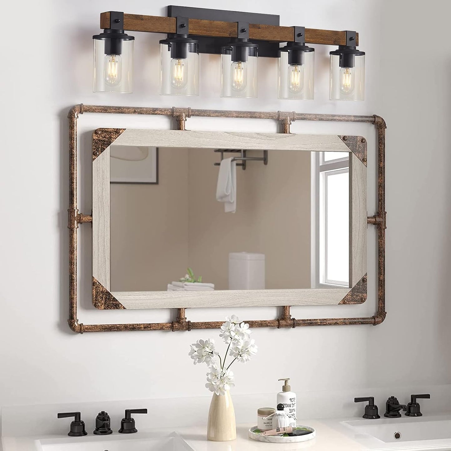 DUJAHMLAND Farmhouse Vanity Lights, 5-Light Wood Bathroom Wall Lighting with Clear Glass, Industrial Metal Wall Sconce