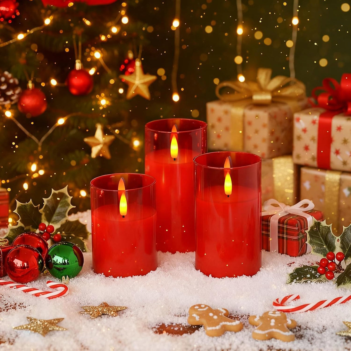 Amagic Red Glass Flameless LED Candles Battery Operated with Remote Timer | Real Wax Pillar Electric Candle, 3D