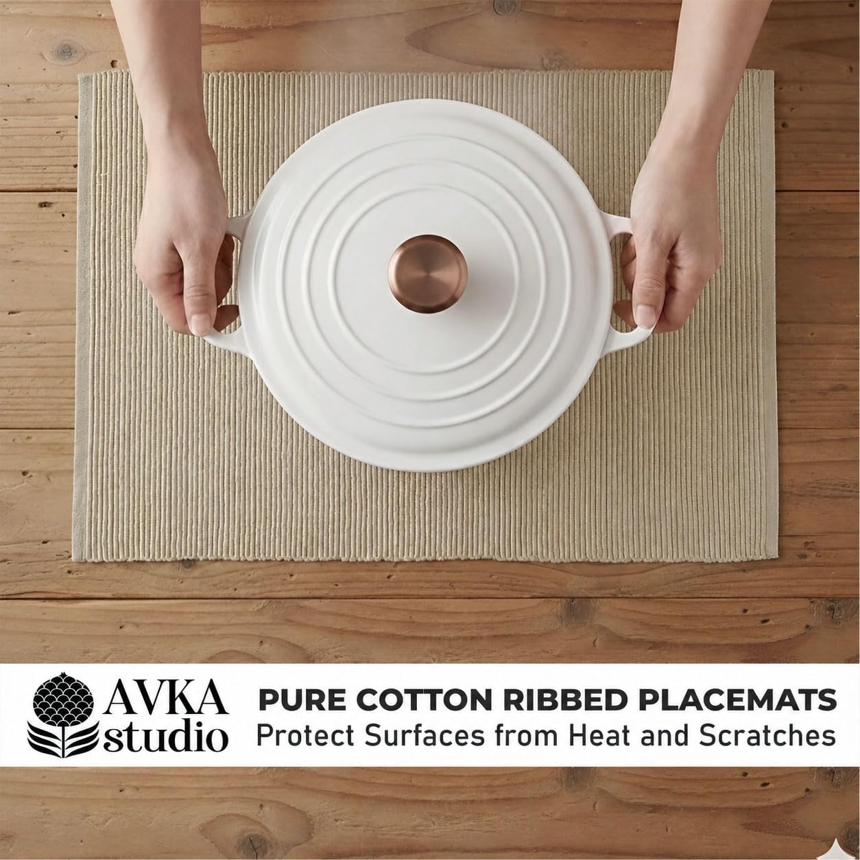 100% Cotton Ribbed Placemats - Set of 6-13 x 19 Inches - Beige - Everyday Cloth Table Mats - Thick Construction