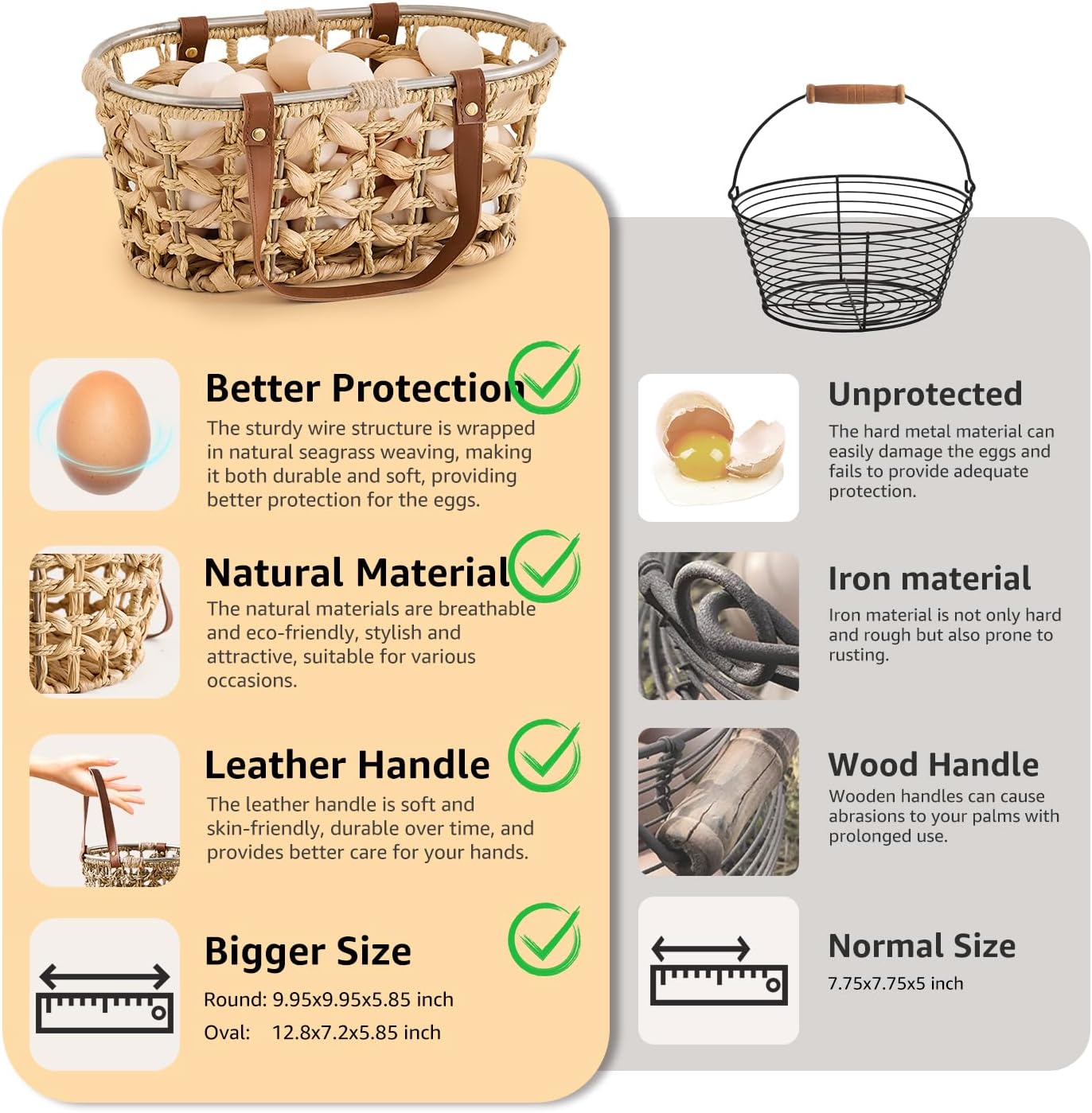 Egg Baskets for Collecting Fresh Eggs Farmhouse Handmade Wicker Hyacinth Egg / Oval-water Hyacinth