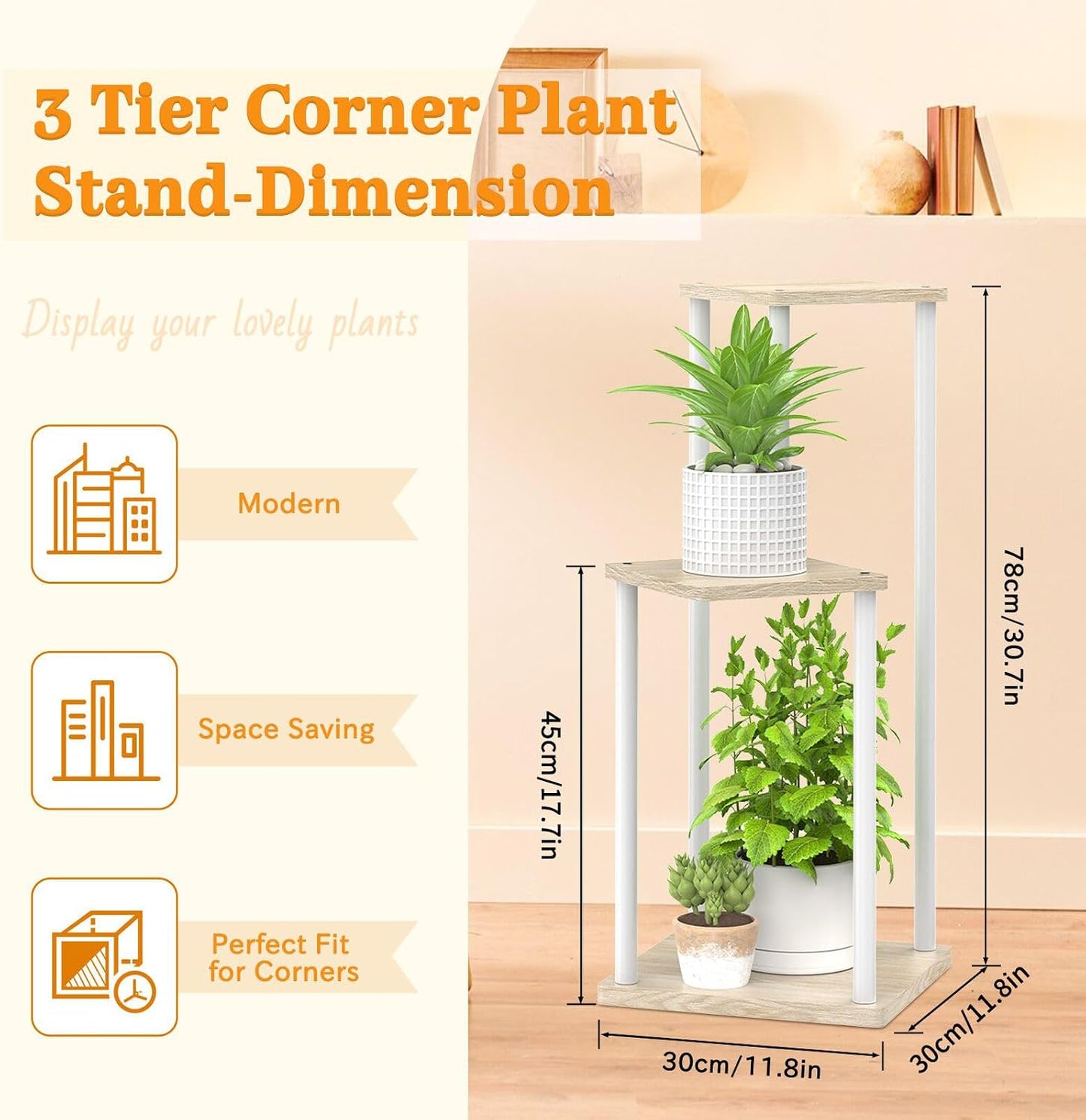 Oppro Plant Stand Indoor Outdoor,3 Tier Wood Metal Corner Flower Shelf | Planter Pot Holder, Multiple Modern Rack