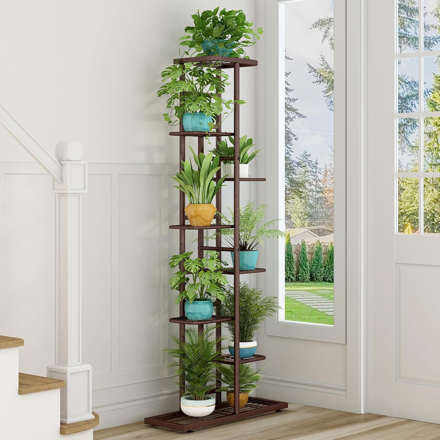 LINZINAR 8 Tier Plant Stand Indoor Outdoor Metal Flower Pot Display Shelf | Space Saving,9 Potted Multiple Flower Pot