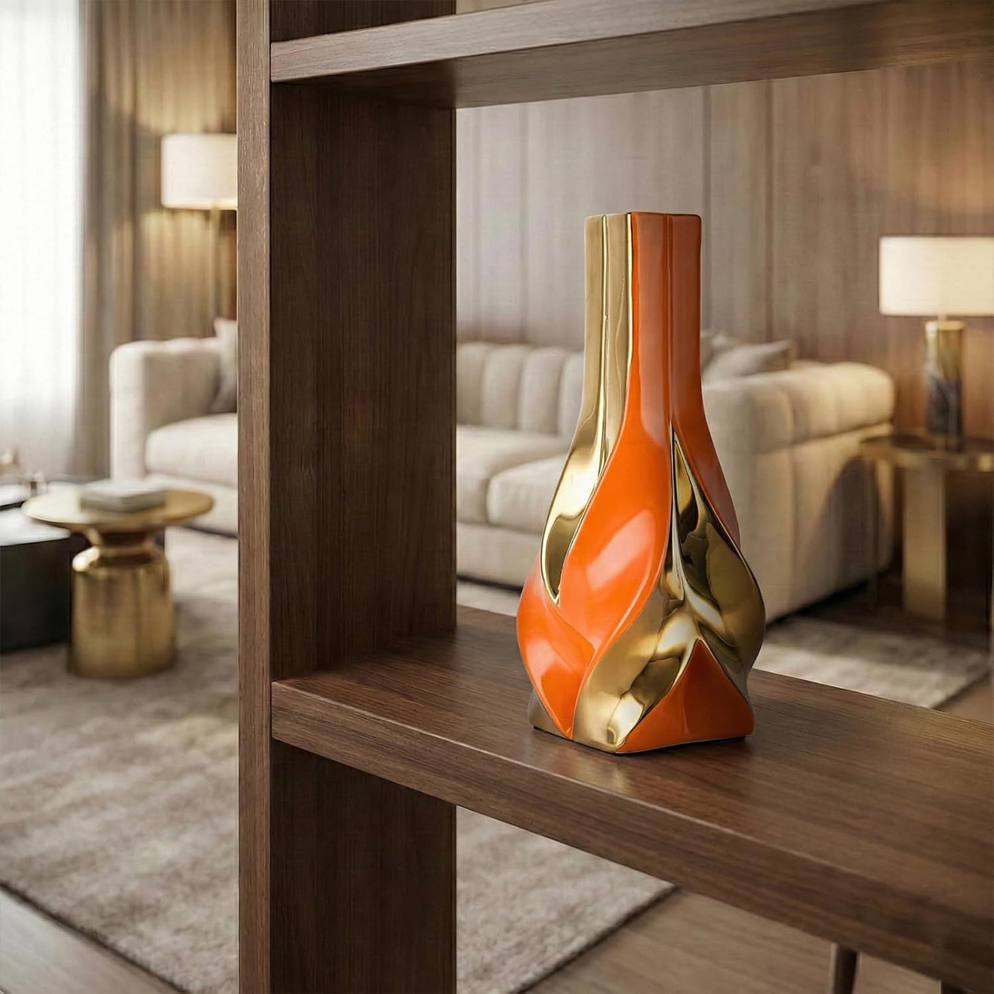 10.6" Orange and Gold Ceramic Vase / Orange Gold