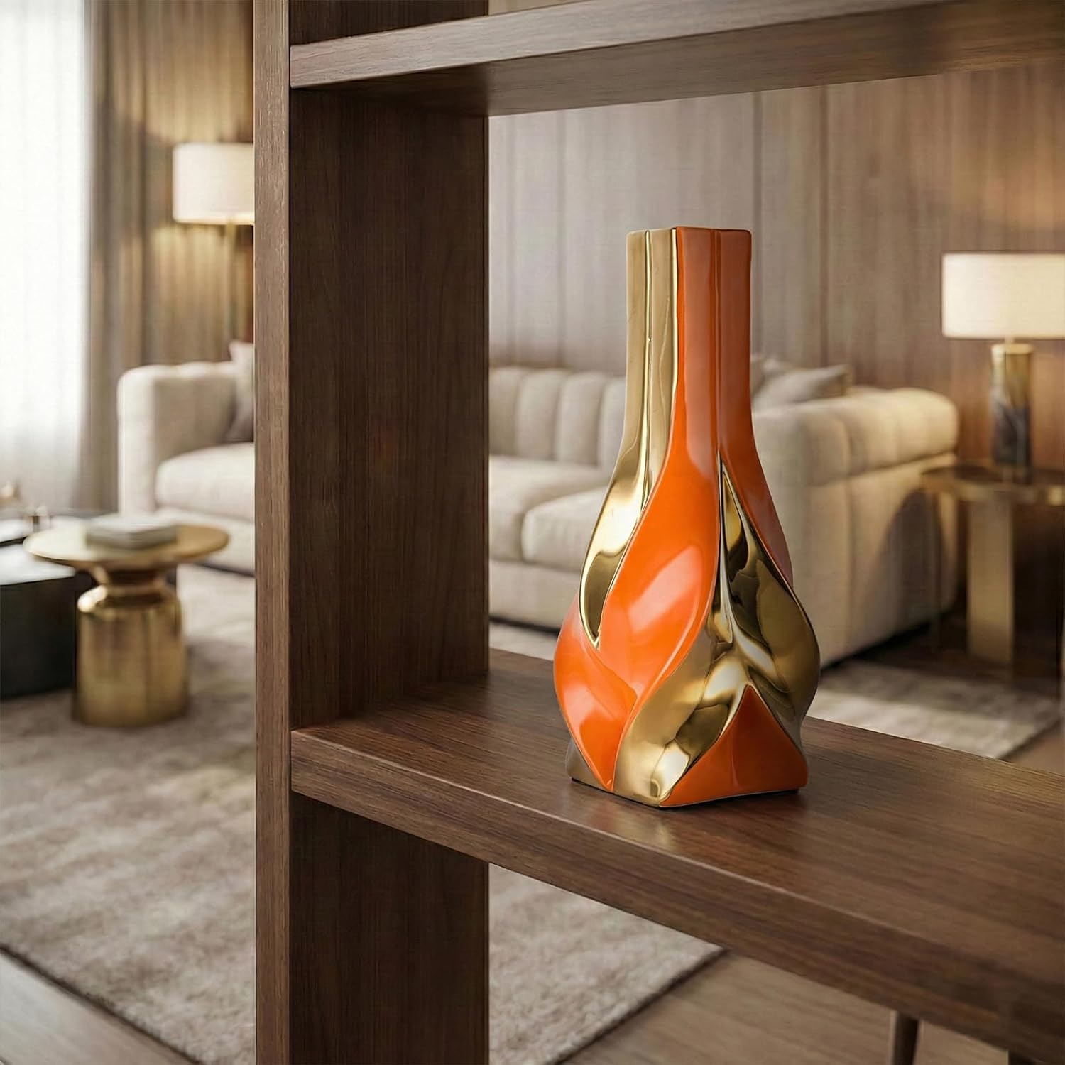 10.6" Orange and Gold Ceramic Vase / Orange Gold