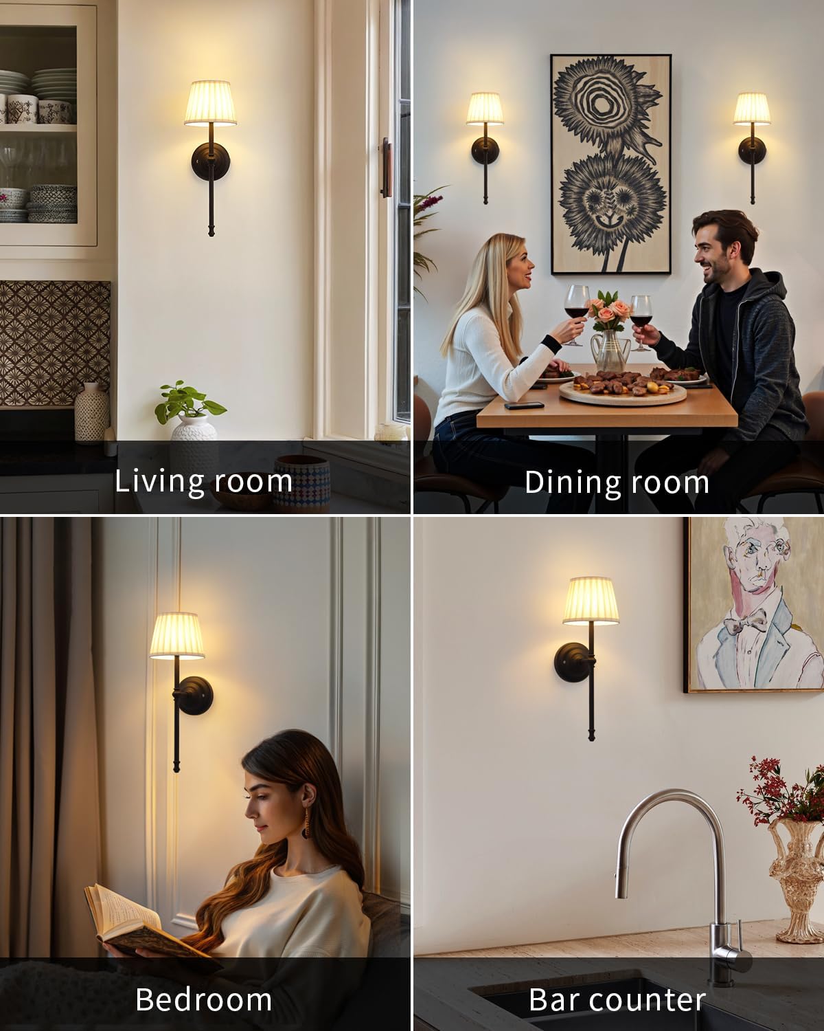 KDG Black Cordless Wall Sconces Set of 2, Beige Fabric LED Wall Lamps | Wireless Small Rechargeable Battery, Portable