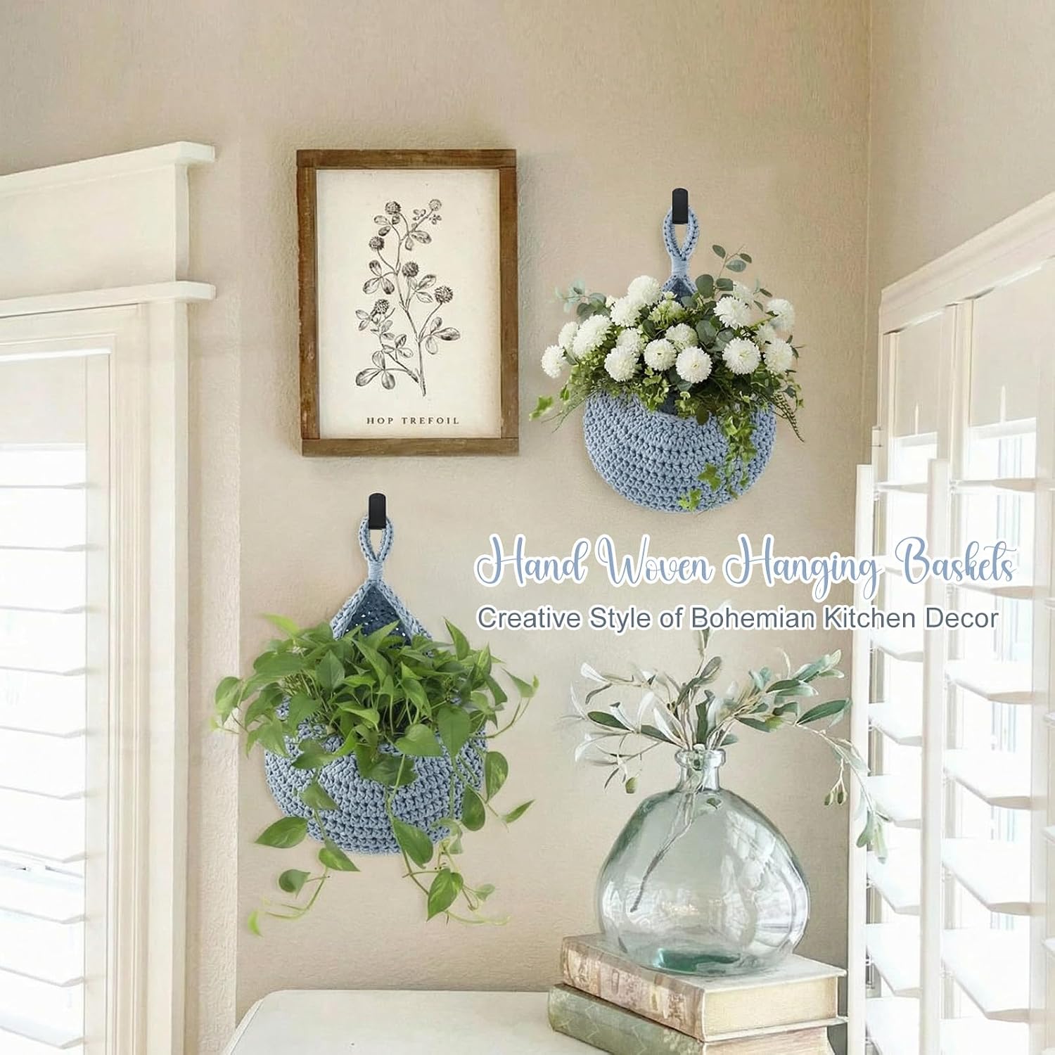 Boho Decor Hanging Wall Baskets / Light Blue / Cotton Rope / Teardrop / Set of 3