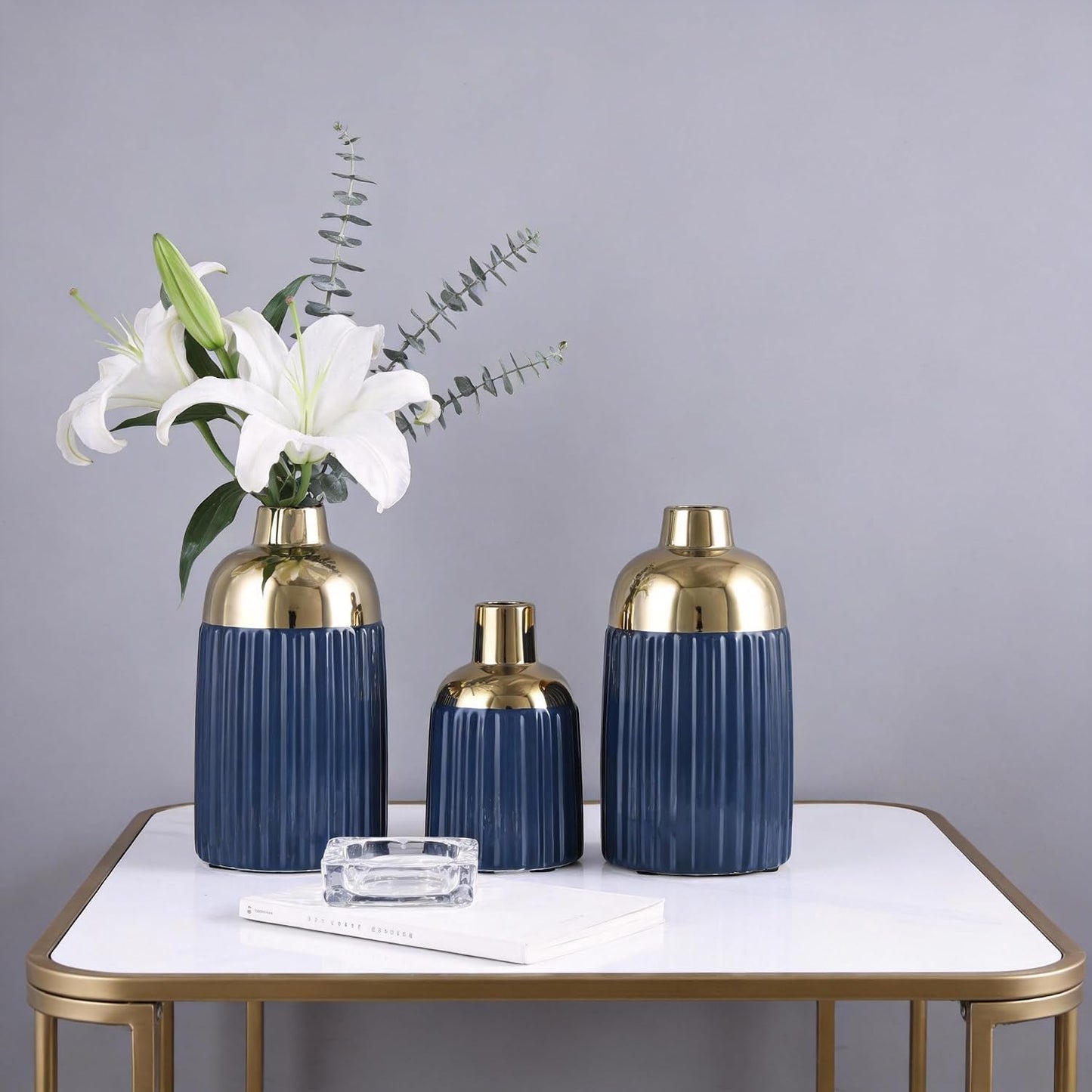 Gold Ceramic Vase 3-Piece Set / Blg / Blue