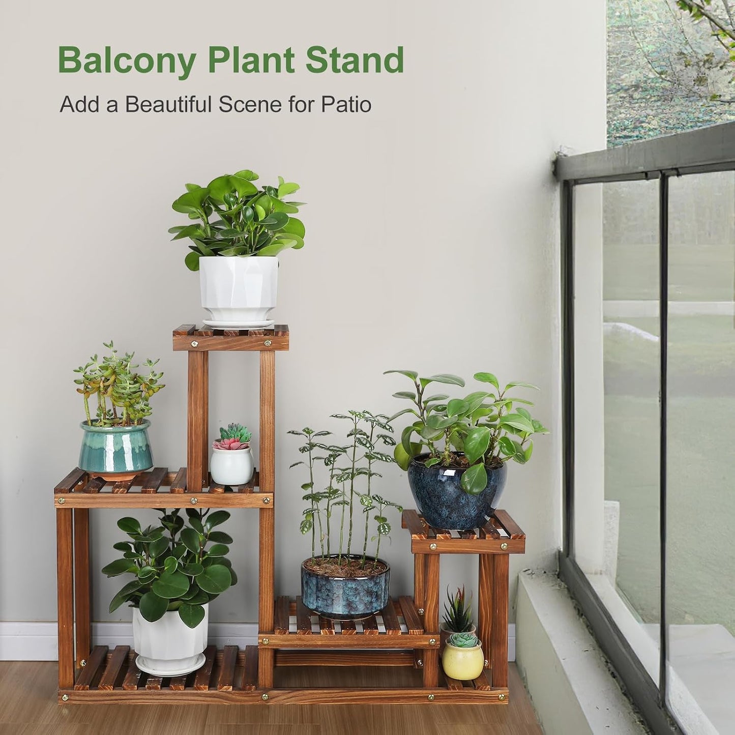 Pine Wood Plant Stand Indoor Outdoor Multi Layer Flower Shelf Rack | Higher and Lower Plant Holder in Garden Balcony