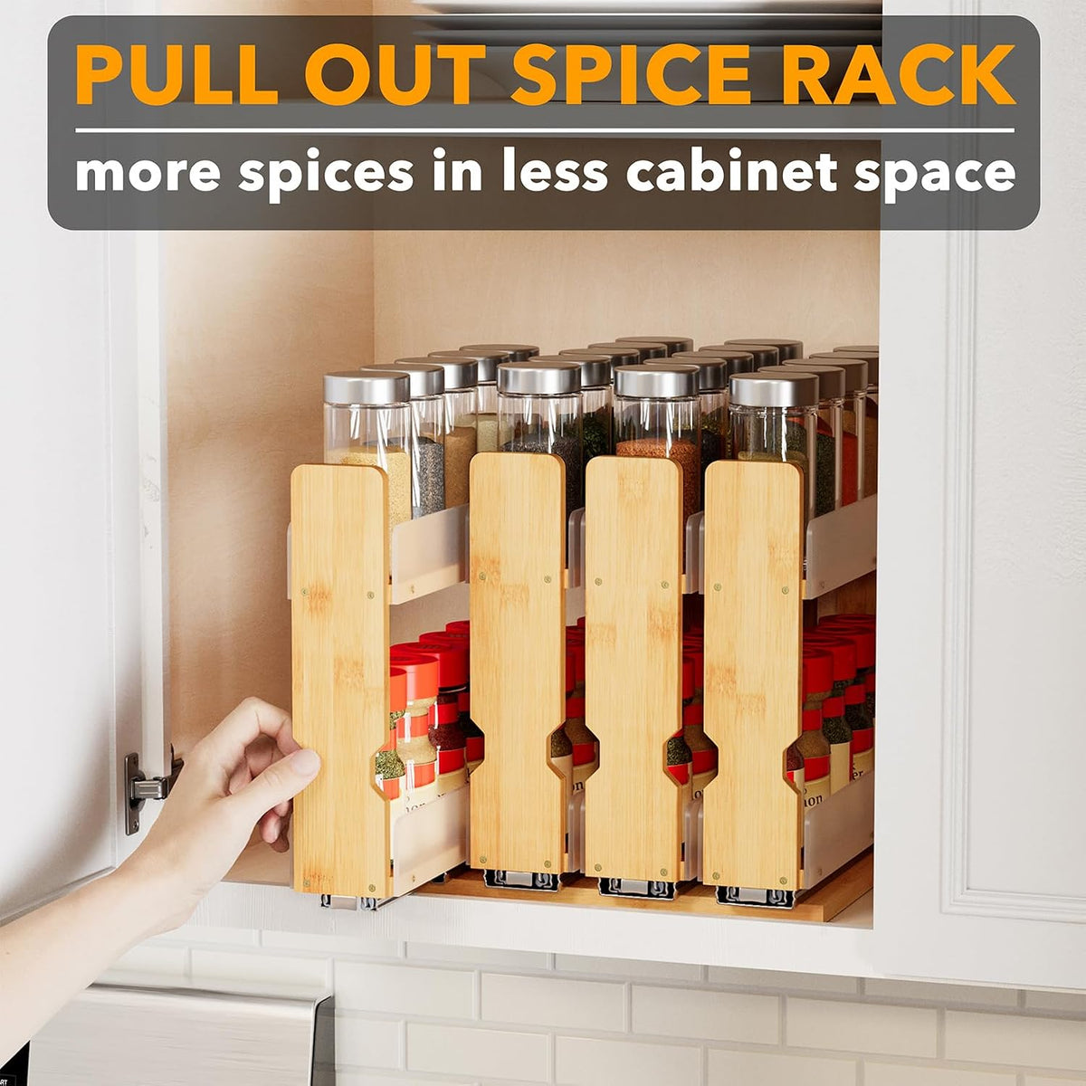SpaceAid Bamboo Pull Out Spice Rack Organizer for Cabinet, Heavy Duty Slide Out Seasoning Kitchen Pantry Sliding