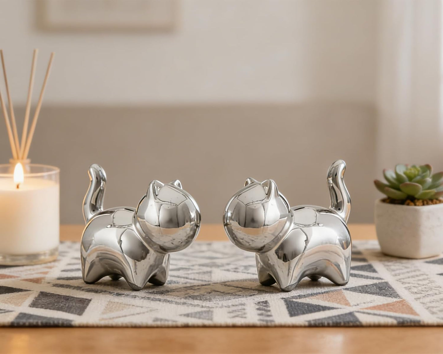Small Ceramic Cat Statues / Silver / 3 Inch / Set of 2