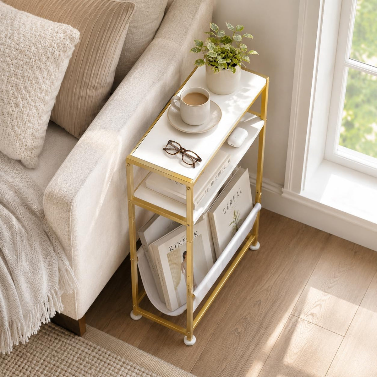 Narrow End Table for Small Spaces - Slim Side Table with Magazine Holder,2 in 1 Design Narrow Coffee Table Living