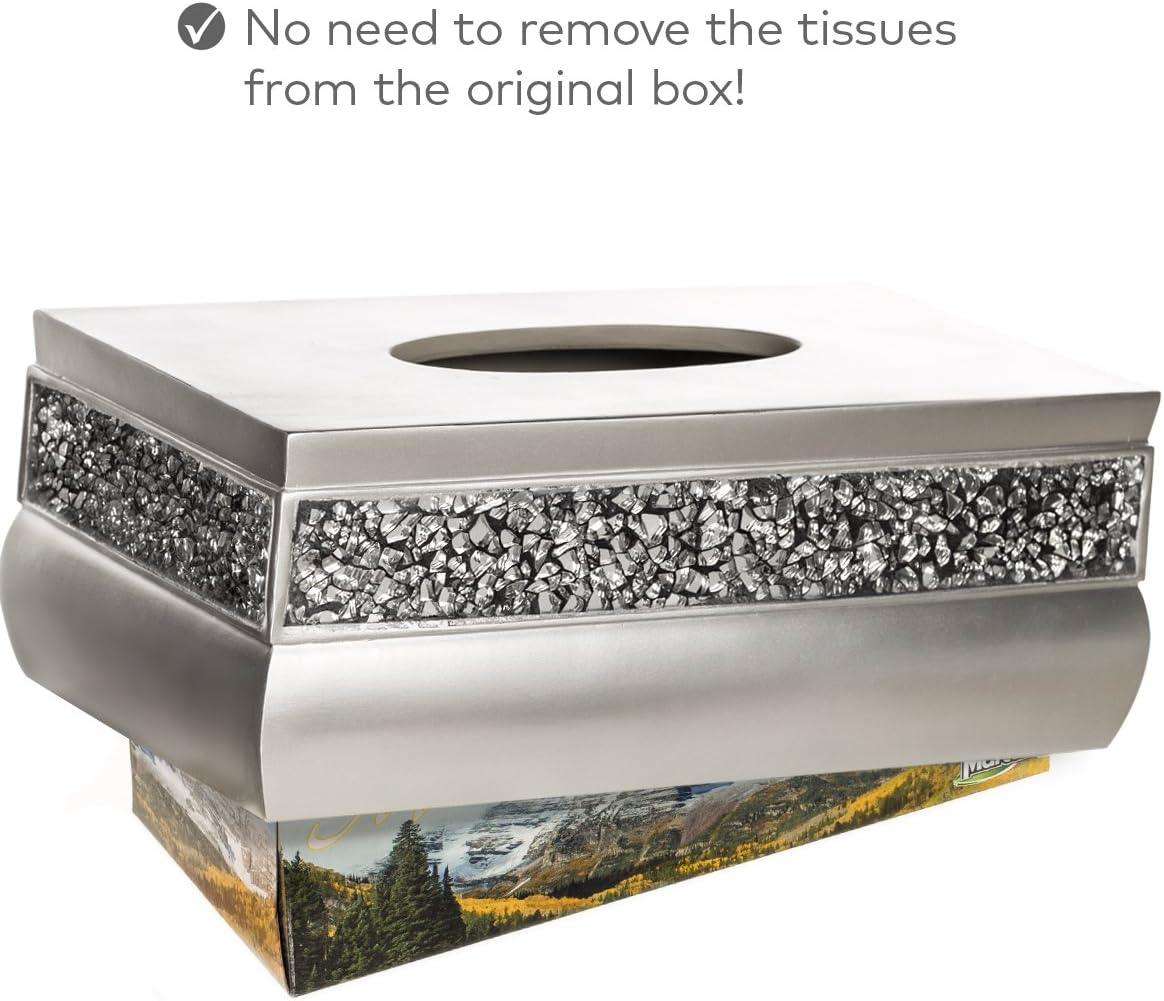 Crackled Glass Silver Tissue Box Cover Rectangular - Decorative Bling Tissue Box Holder With Beautiful Mosaic Glass