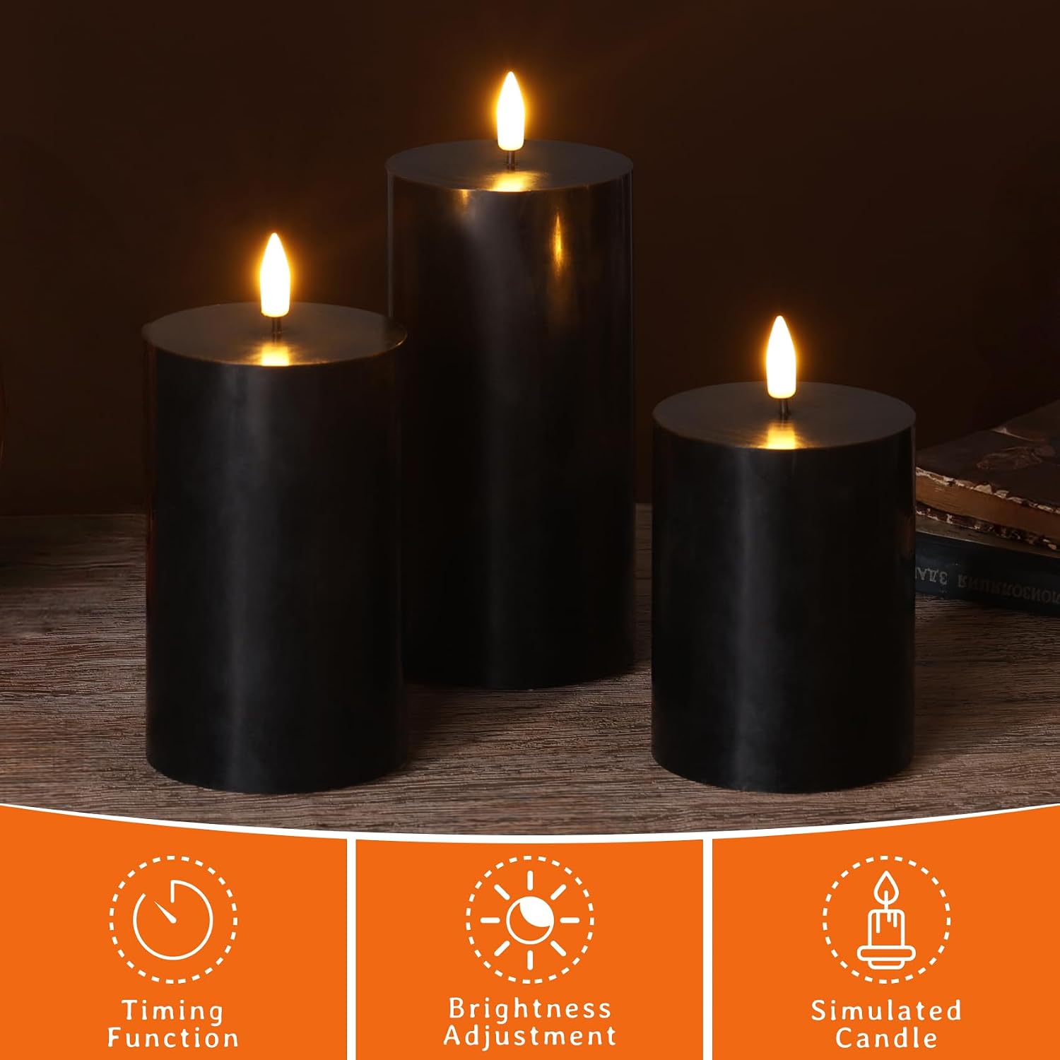 Black Halloween Flameless Pillar Candles with Remote Set of 3 | Flickering LED Candles, 2 AA Battery Power, Flat Top