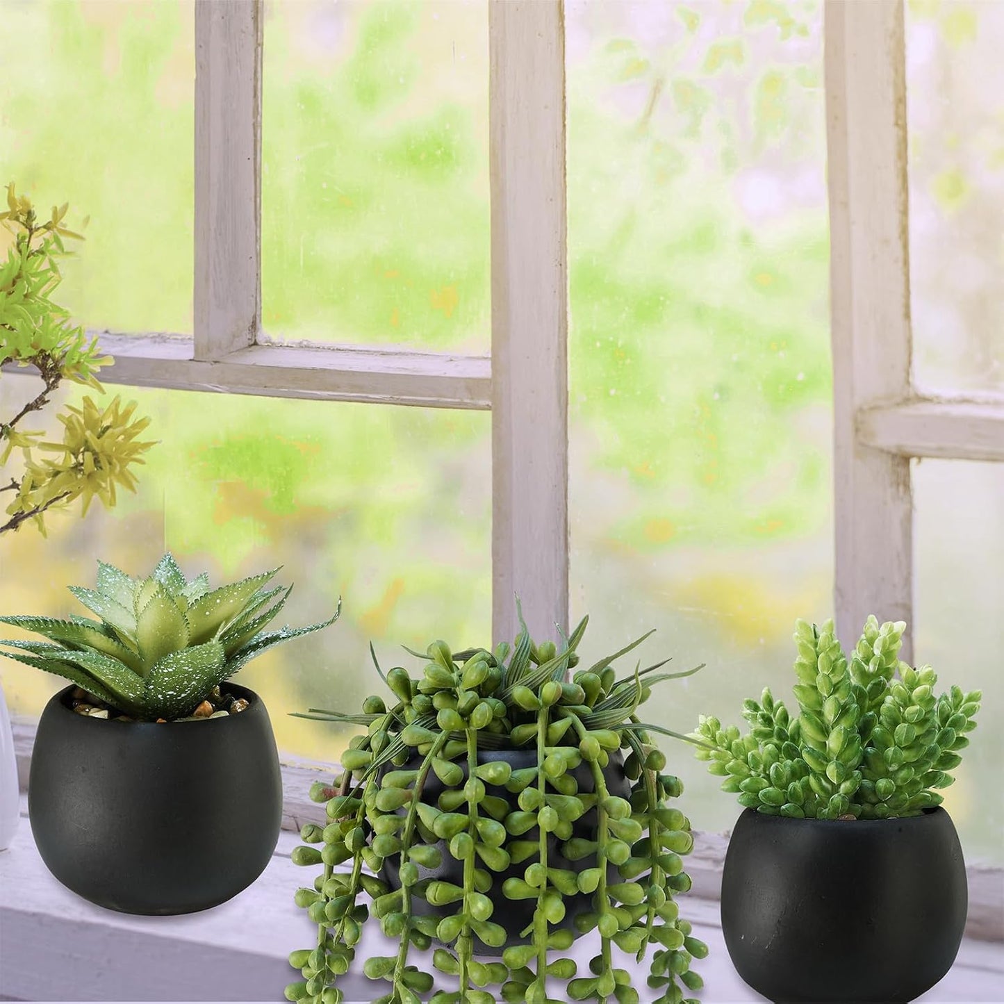 Artificial Succulents Plants in Black Cement Planters Faux Potted / Black Cement Pots / Set of 3