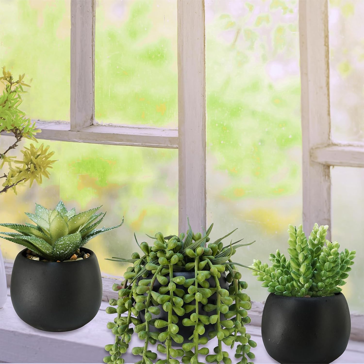 Artificial Succulents Plants in Black Cement Planters Faux Potted / Black Cement Pots / Set of 3