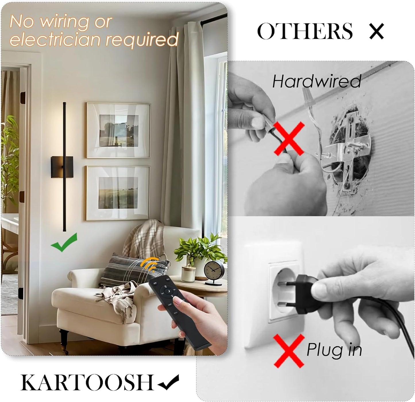 KARTOOSH Battery Operated Wall Sconces Set of 2 Wireless,32.2 Inch Black | Battery Removable, 3000-6000K, Stepless