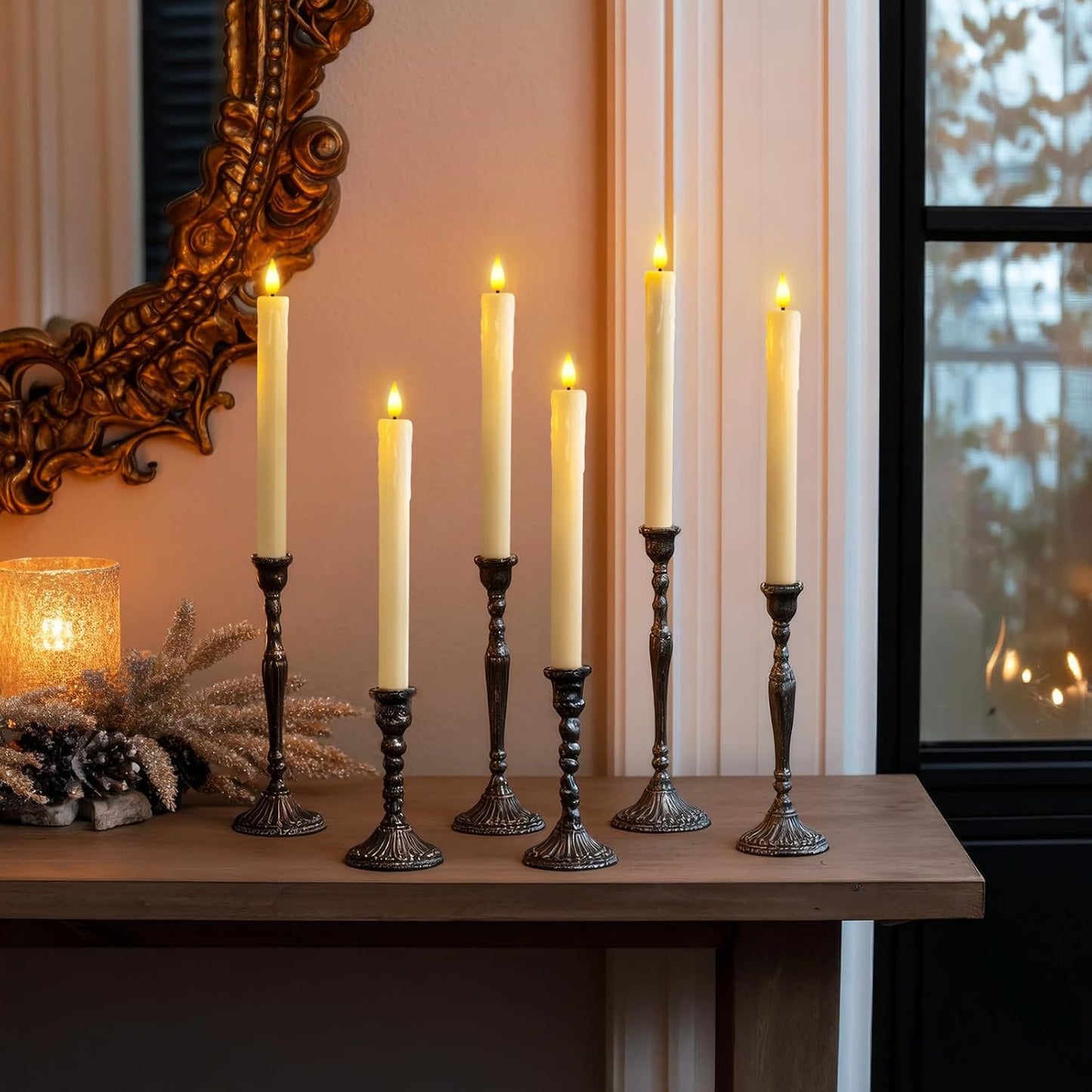 Homemory 12 Pcs Real Wax Flameless Taper Candles with Remote Timer and Dimmer, Battery Operated Candlesticks with
