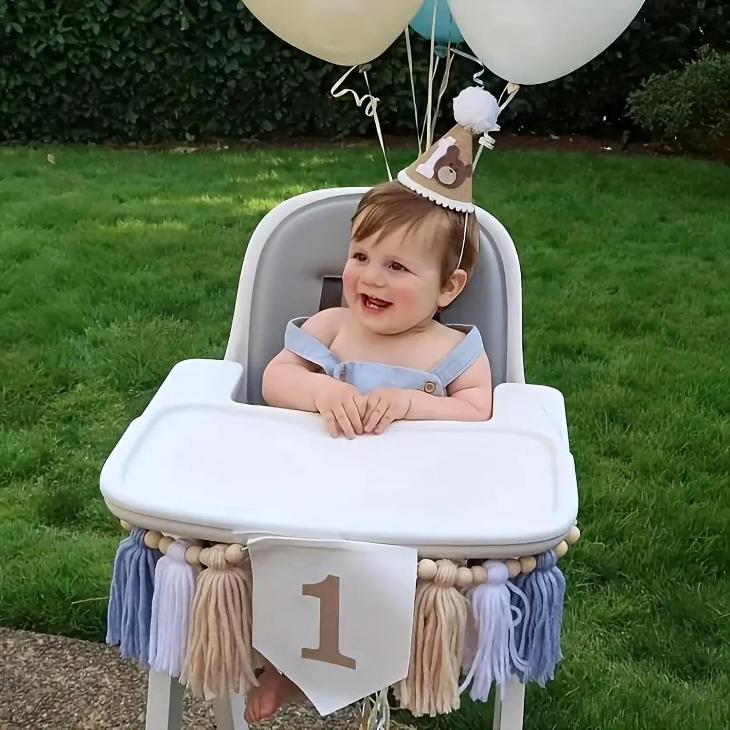 Handmade Boho Blue 1st Birthday High Chair Banner for Baby Boys Wall Hangings Wood / Brown and Blue