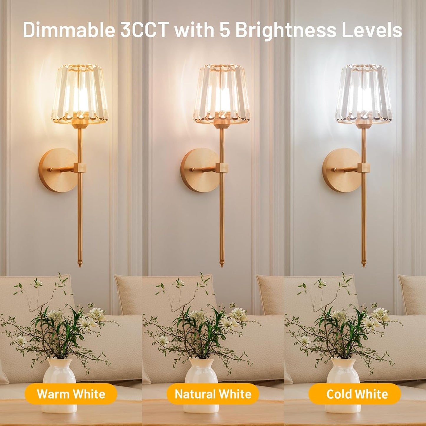 Crystal Battery Operated Wall Sconces Set of 2, Gold Rechargeable Wireless Wall Sconce Lights with Crystal Lampshade