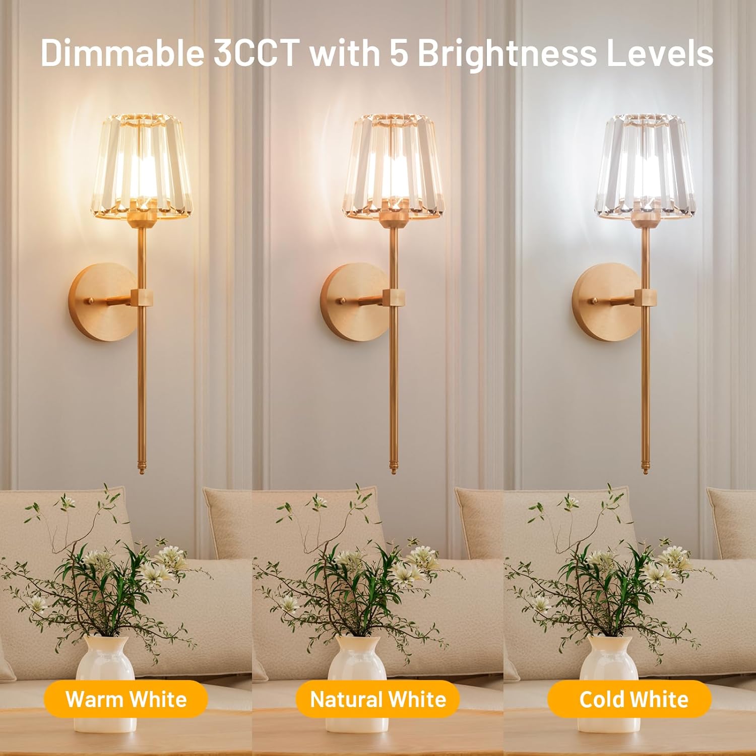 Crystal Battery Operated Wall Sconces Set of 2, Gold Rechargeable Wireless Wall Sconce Lights with Crystal Lampshade