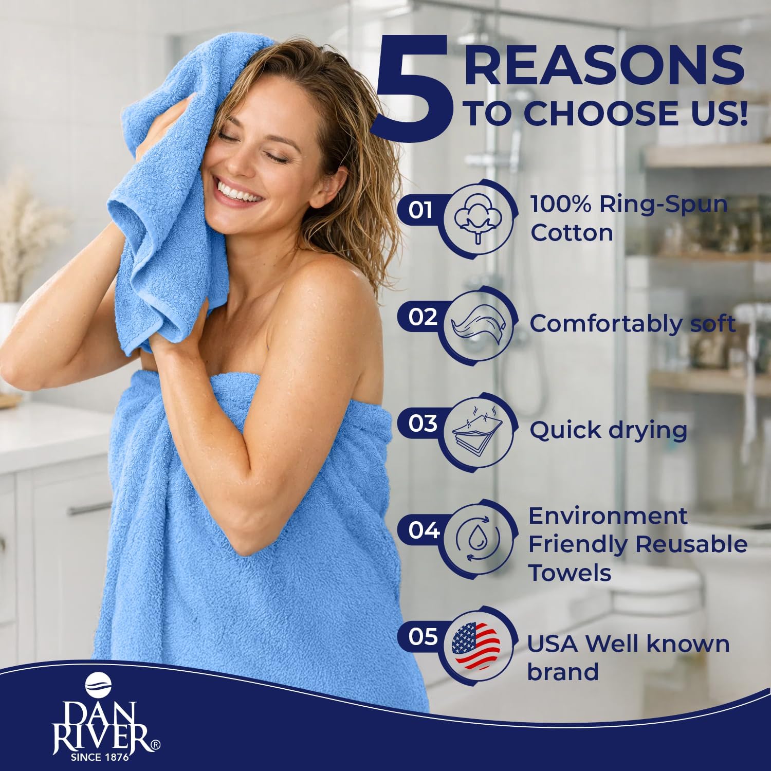 DAN RIVER 8 Piece Luxury Bath Towels for Bathroom, Towel Set, Medium Blue | 2 Bath towels, 2 Hand towels, and 4 Wash