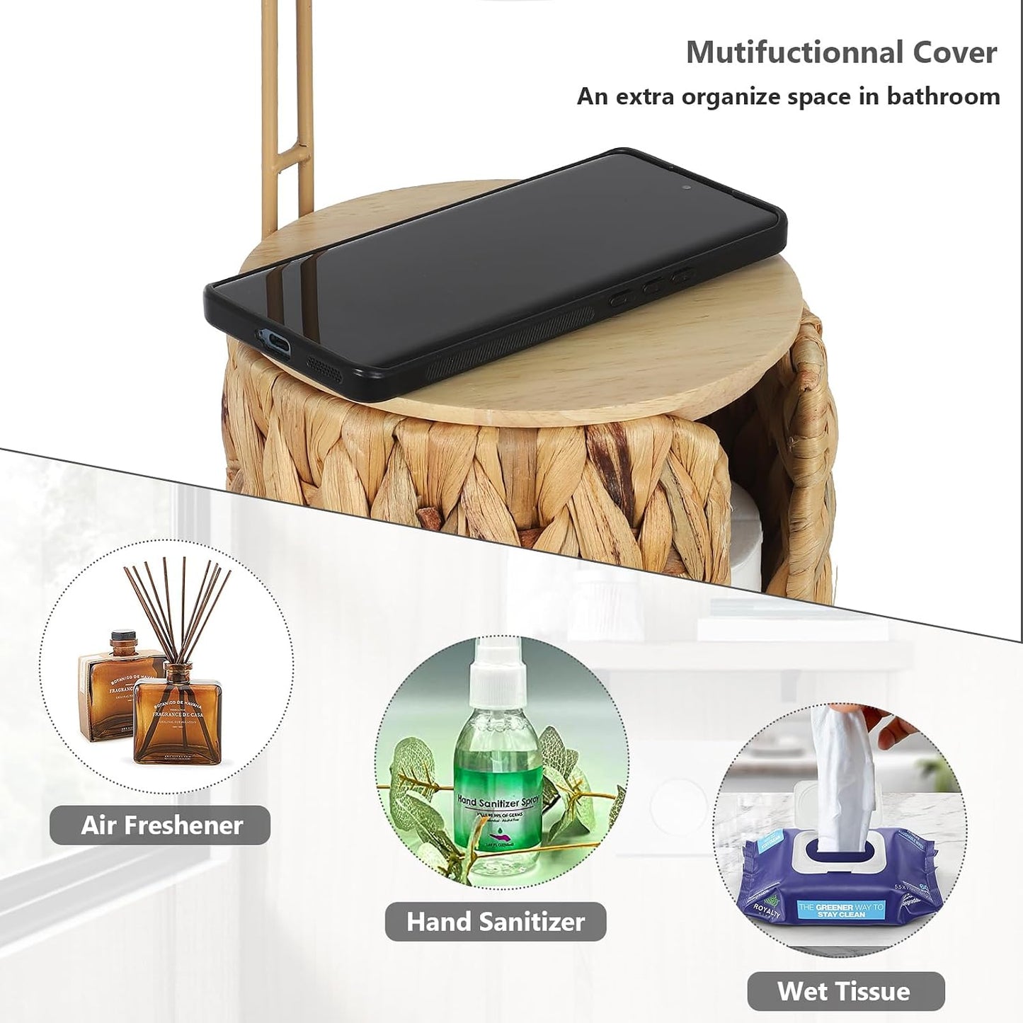 Freestanding Toilet Paper Holder with Storage,3 Rolls of Tissue Holder for Bathroom,Handmade Woven Toilet Paper Roll