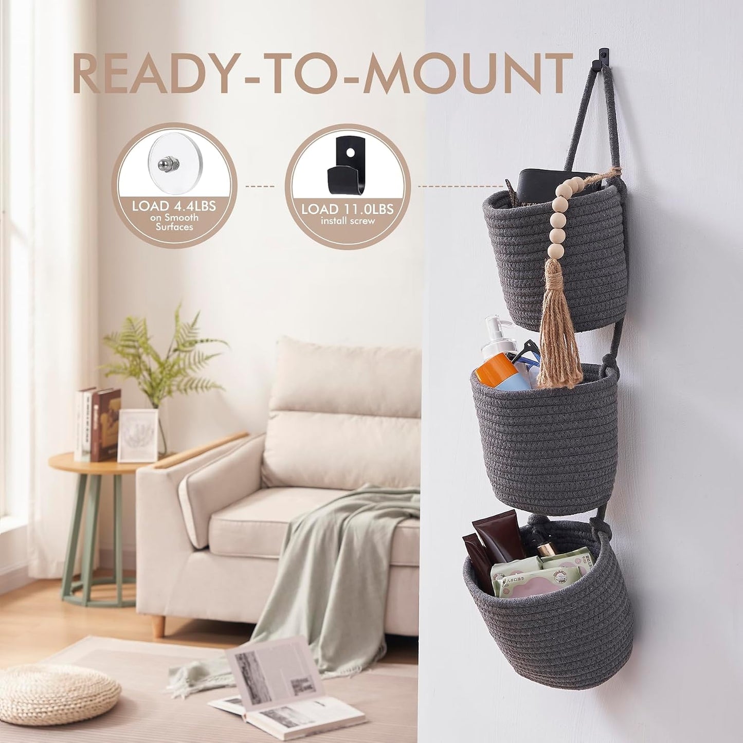Woven Baskets Pouches Set Boho Style Wall Mounted Bag / Gray & Black / Small
