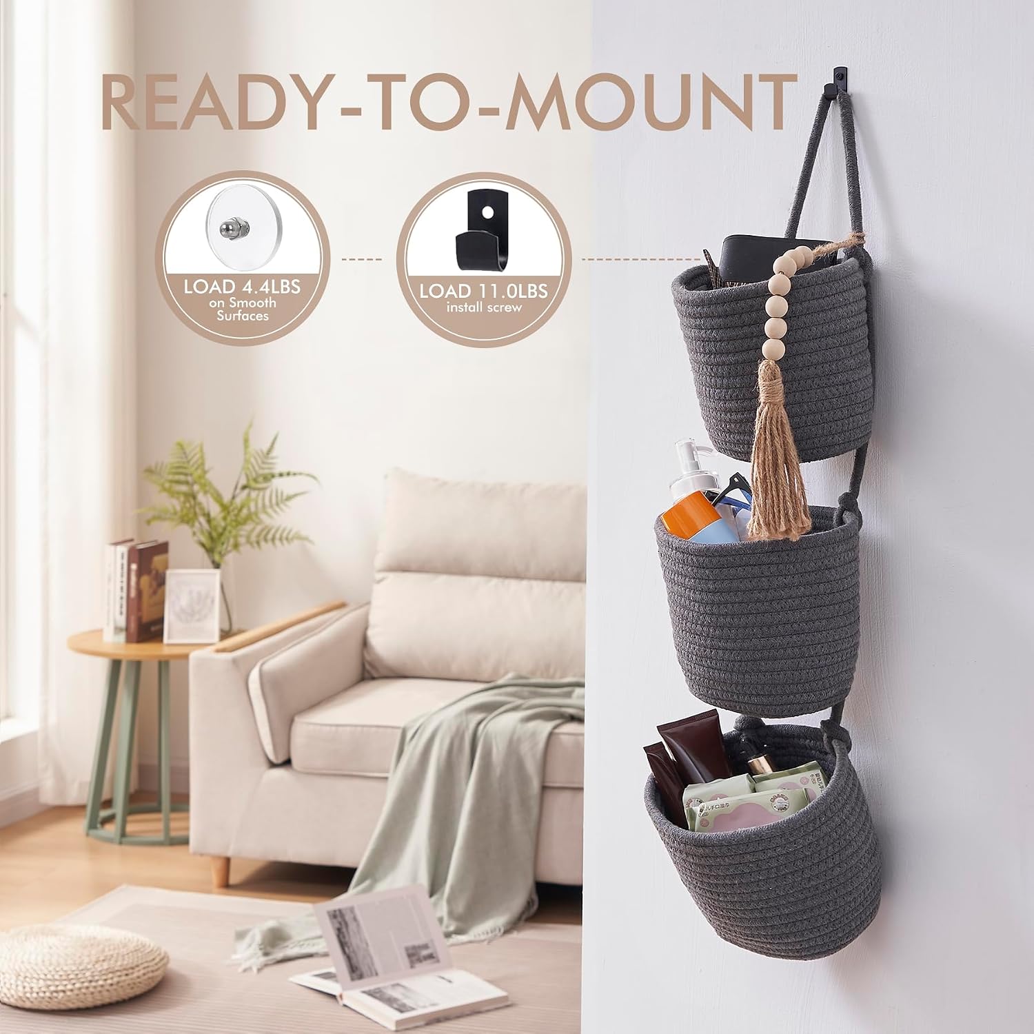 Woven Baskets Pouches Set Boho Style Wall Mounted Bag / Gray & Black / Small